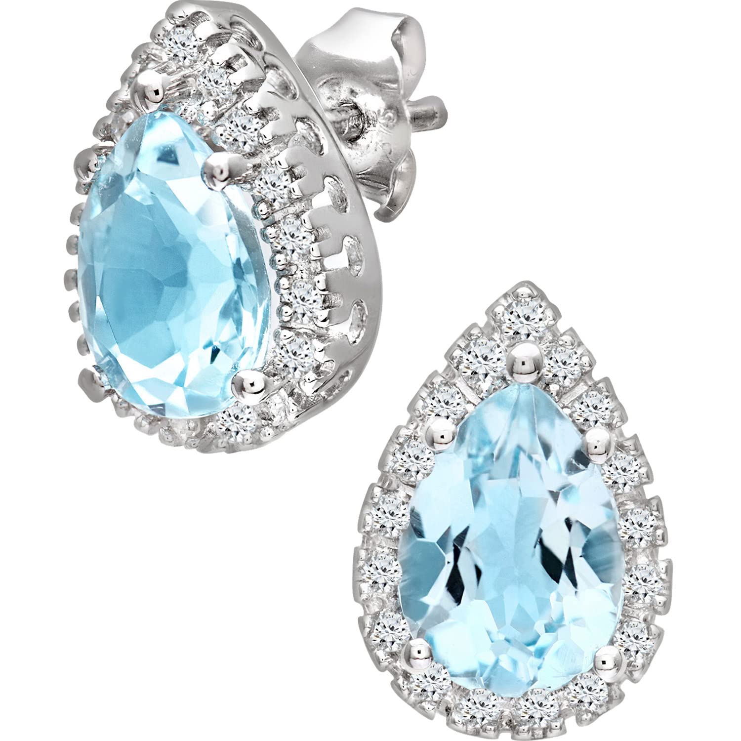 9ct White Gold Blue Topaz Drop Earrings for Women with Diamond Accents – Elegant Stud Earrings by Elegano – Perfect for Weddings, Parties & Special Occasions
