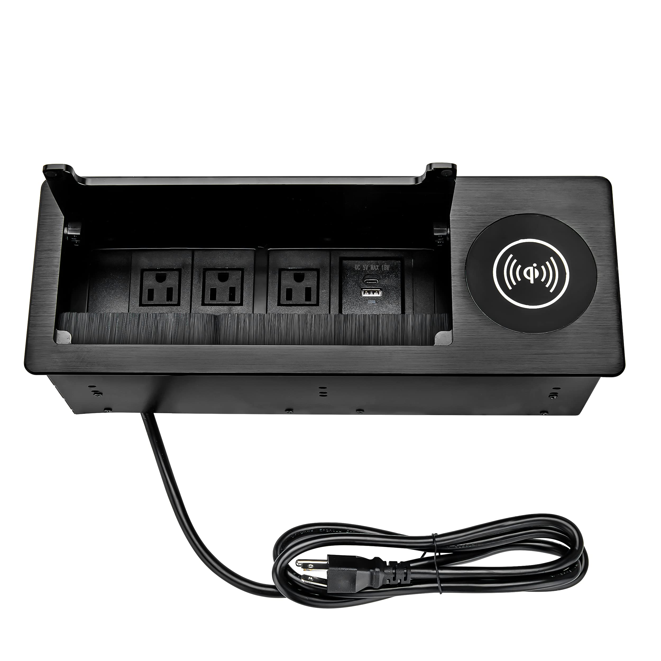 15W Fast Wireless Charger & 18W USB C Charger Embedded Desk Outlet - Conference Table Power Hub with 4.9ft Cord for Office & Home Workspaces (Brushed Black) | Ideal for Meetings, Remote Work & Home Office Setups