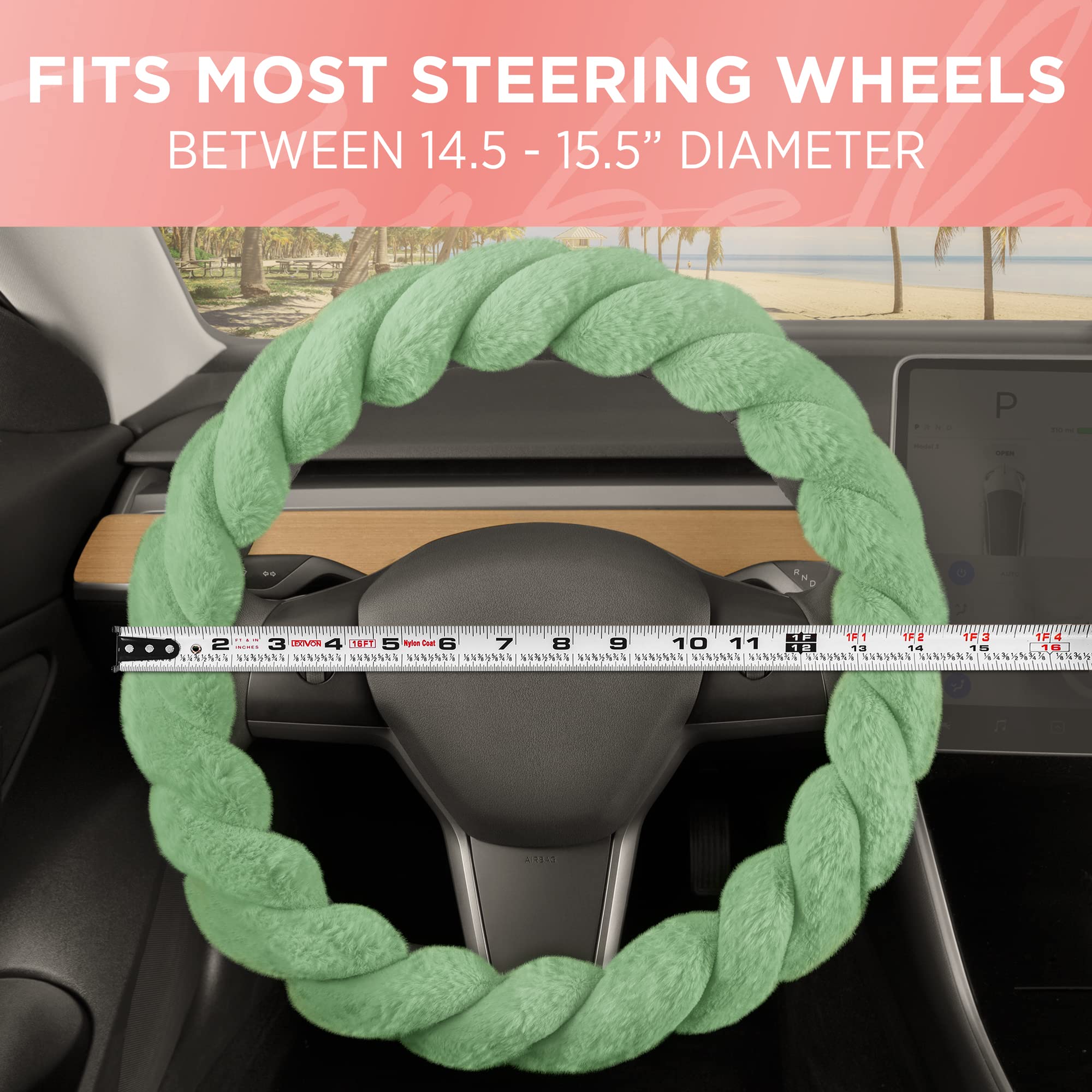 Soft Faux Fur Green Steering Wheel Cover - 15 Inch Universal Fit for Most Cars, Fluffy & Cozy Car Accessories for Women - Perfect for Winter Driving & Stylish Interior Upgrade