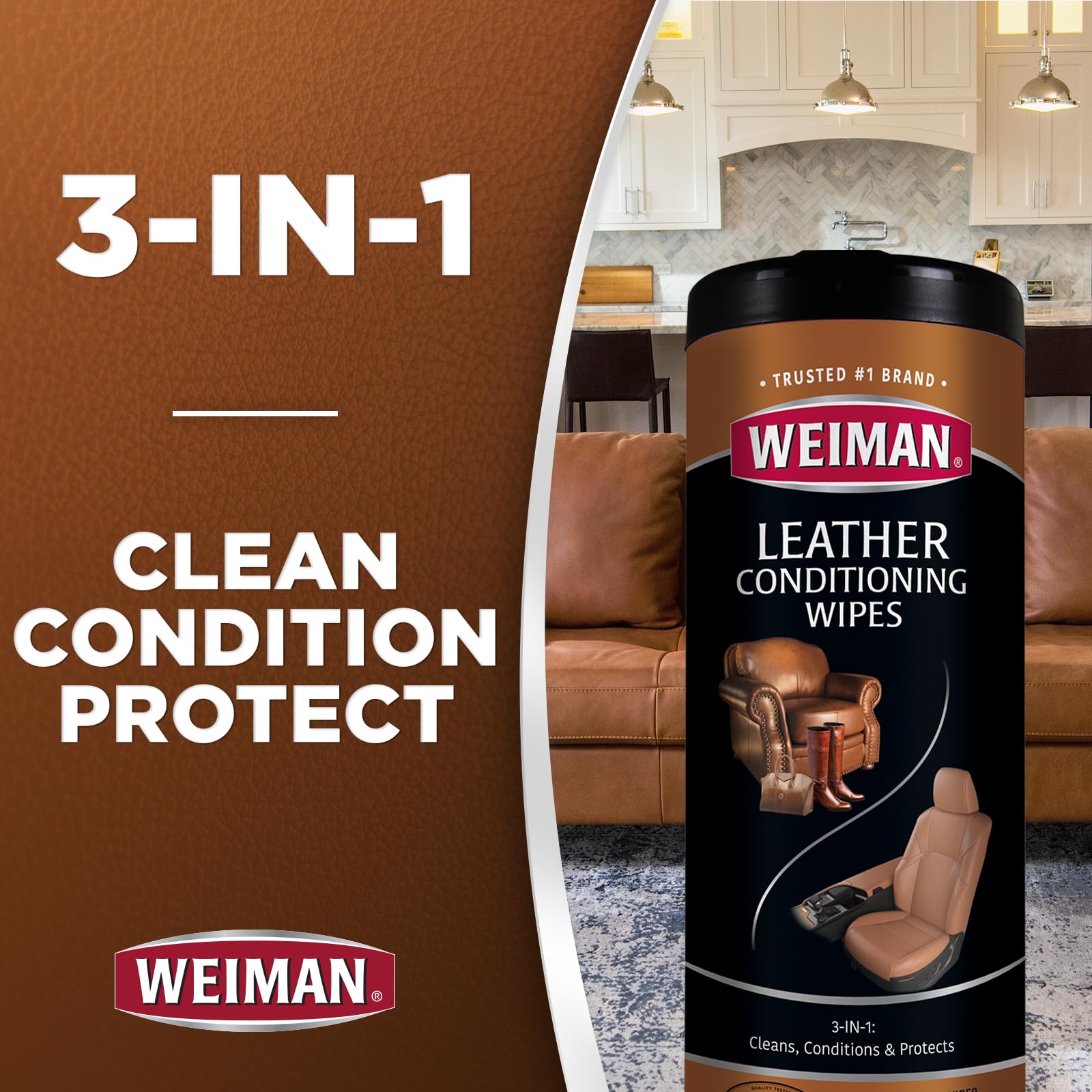 Weiman Leather Cleaner & Conditioner Wipes - 30 Count | UV Protection for Leather Couches, Car Seats, Shoes & Purses | Prevents Cracking & Fading | Ideal for Home, Office & Auto Care