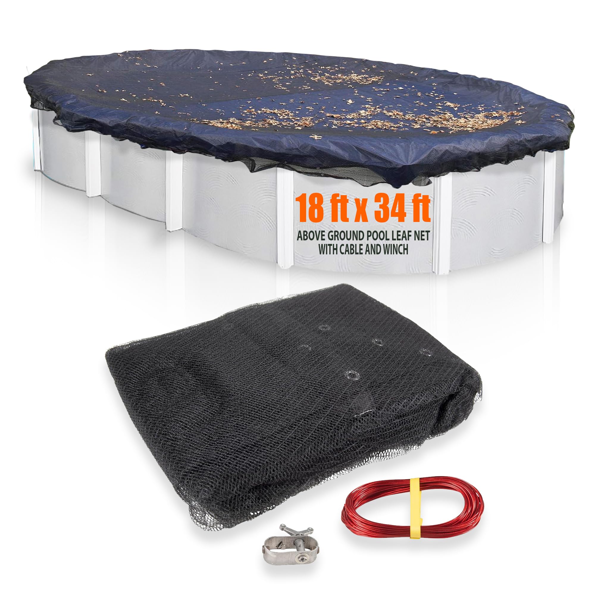 SunSolar 18x34 Ft Oval Above Ground Pool Leaf Net Cover with Winch & Cable Closure - Durable Swimming Pool Protection for Fall & Winter Season - Easy Installation & Secure Fit