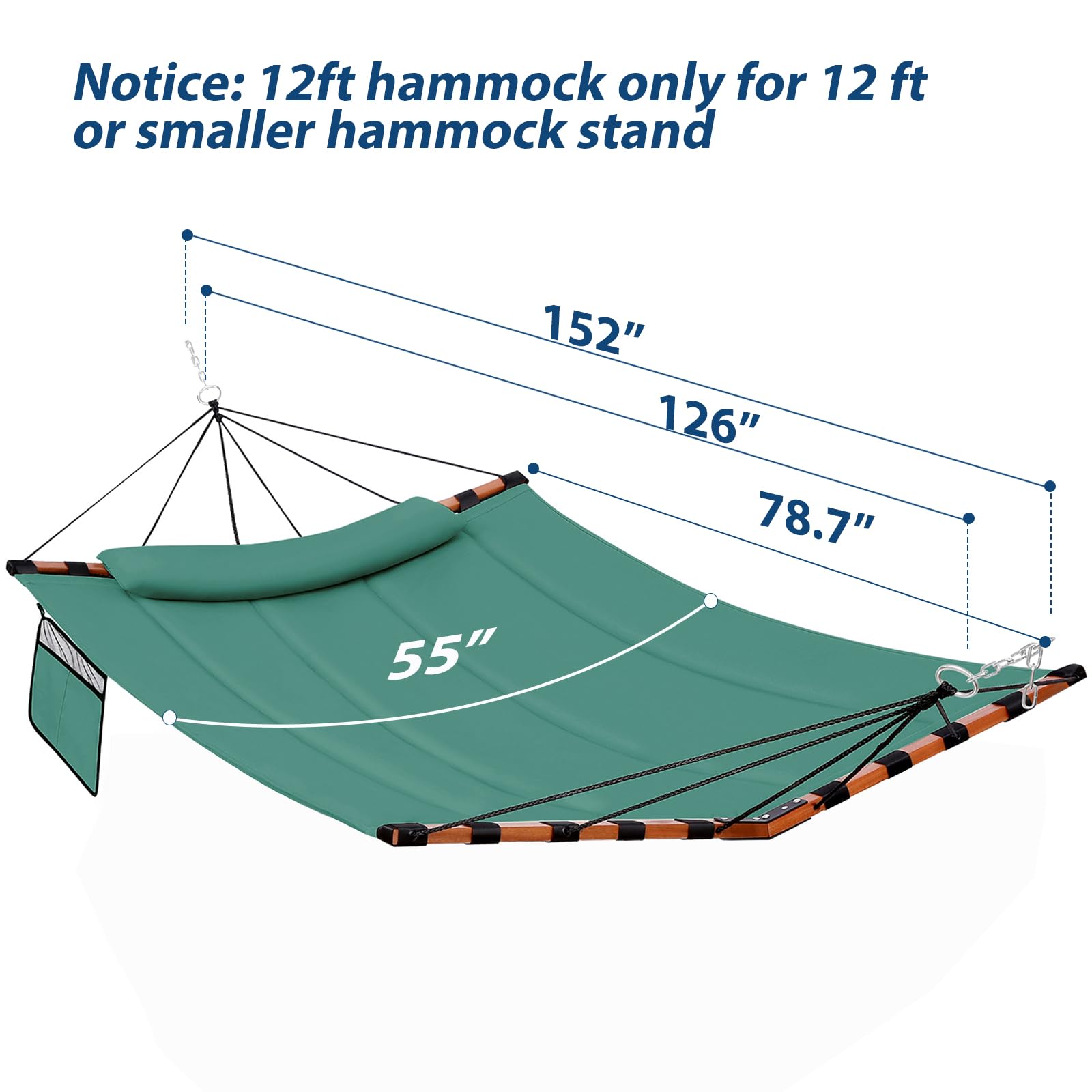 TegerDeger 12FT 2 Person Hammock - 450LB Capacity Heavy Duty Outdoor Hammock with V-Shaped Hardwood Spreader Bar & Durable Nylon Rope - Perfect for Backyard, Garden, Patio, Beach, Camping & Poolside Relaxation - Lake Blue