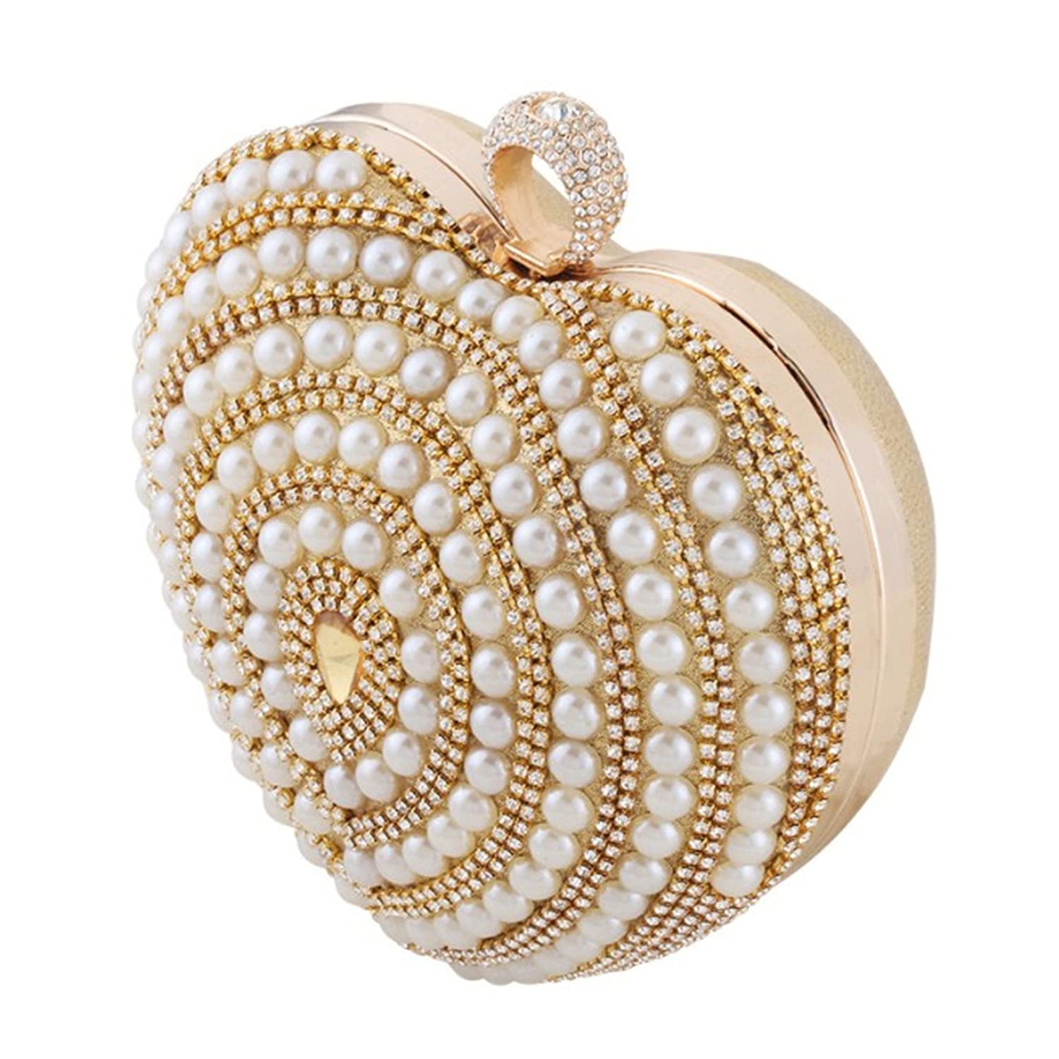 Elegant Women's Pearl Heart-Shaped Evening Clutch Purse with Dazzling Crystals - Wedding, Prom, Party Crossbody Shoulder Bag for Special Occasions