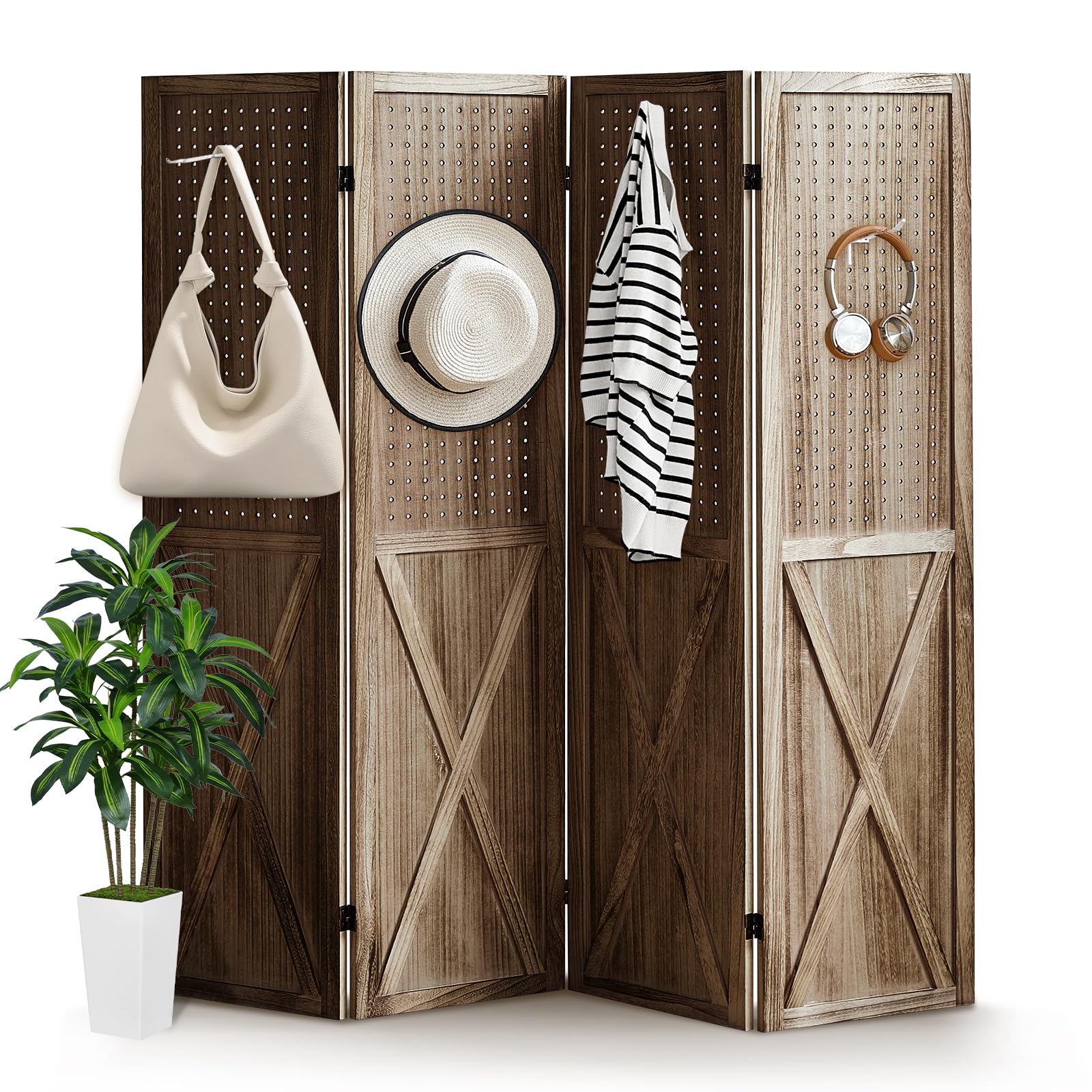 Wooden 4-Panel Folding Room Divider with Pegboard - 5.6Ft Portable Privacy Screen & Display Organizer for Jewelry, Crafts, Art Shows - Perfect for Home Office, Retail Stores & Event Displays (Brown)