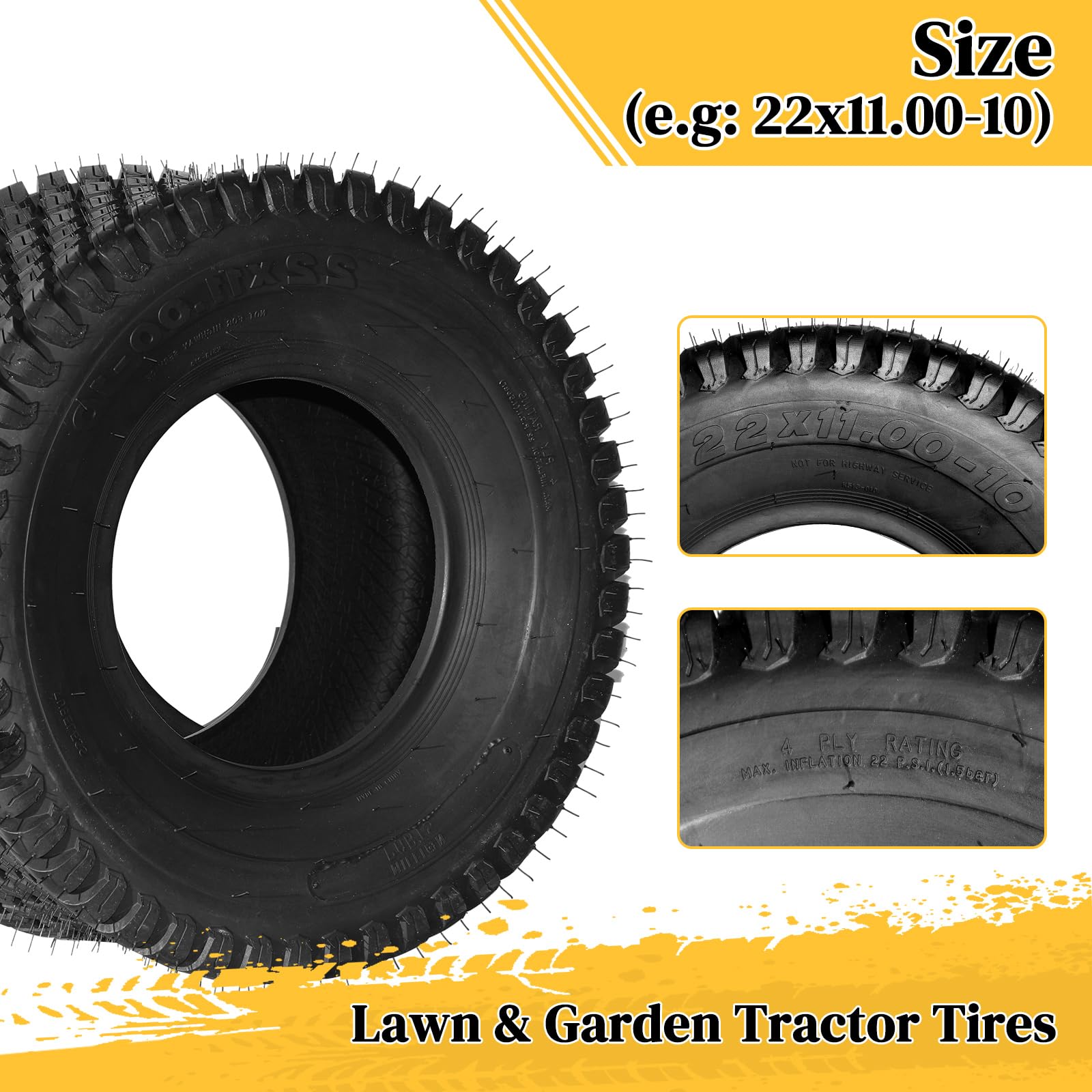 SUNROAD 22x11-10 Tubeless Lawn Mower Tires - Set of 2 (4PR, 22 PSI, 1480Lbs Max Load) - Perfect for Garden Tractors, Turf Equipment & Golf Carts - Ideal for Lawn Maintenance, Landscaping & Smooth Terrain Riding
