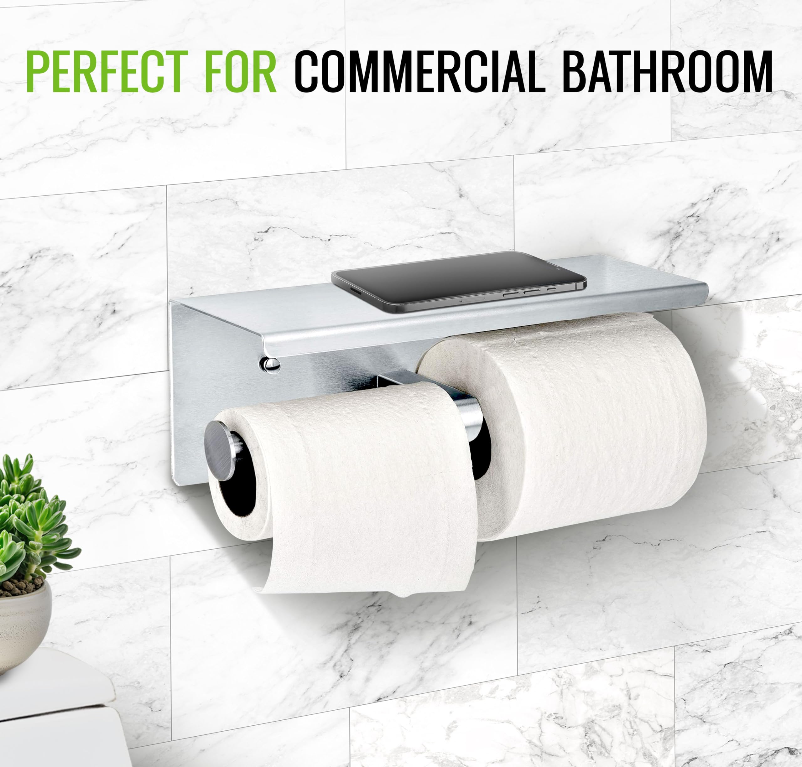Double Toilet Paper Holder with Shelf - Rust-Resistant Brushed Stainless Steel Bathroom Tissue Dispenser | Wall Mounted Dual Roll TP Holder with Phone Shelf | Perfect for Modern Bathrooms, Restaurants & Commercial Spaces