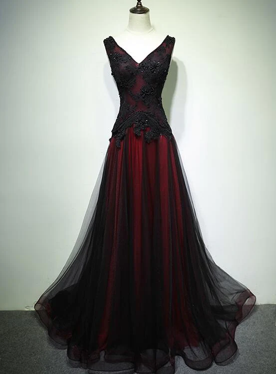 Elegant A-Line Black & Red V-Neck Tulle Prom Dress with Beaded Details - Long Evening Gown J2692 for Homecoming, Formal Dances & Special Occasions
