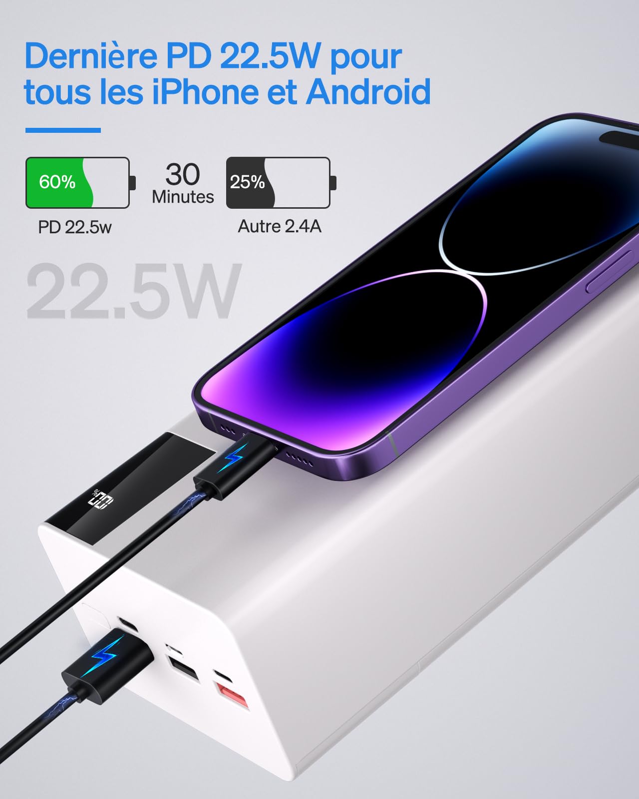 50,000mAh Portable Charger Power Bank - 22.5W Fast Charging External Battery Pack with LED Flashlight for Travel, Camping & Emergency Power Backup (Black)