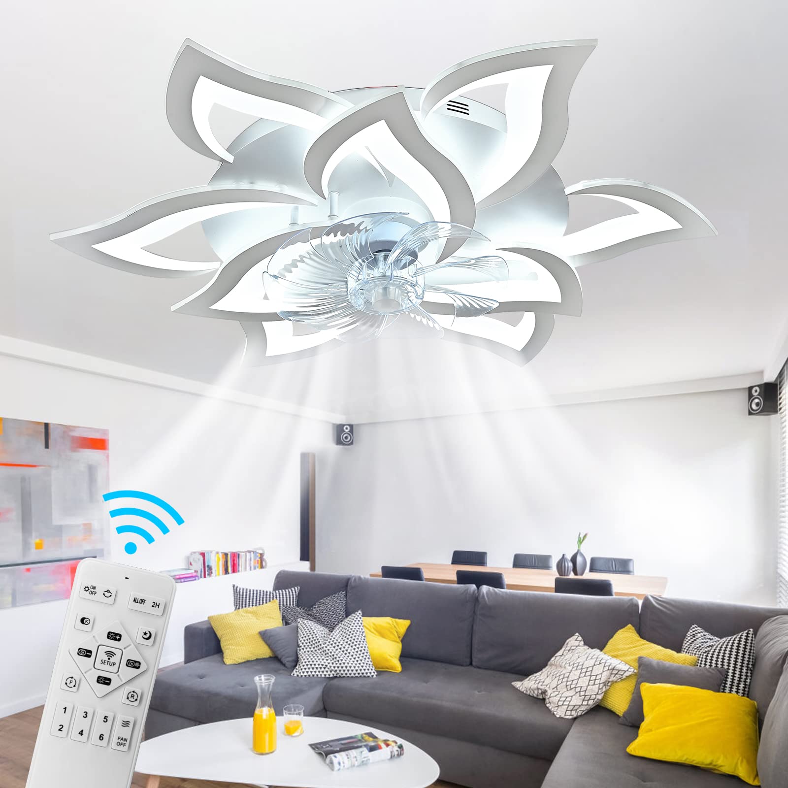 MeiMeiDa 32 Inch Modern Ceiling Fan with LED Light - Dimmable, Energy Efficient, Adjustable Color Temperature, White - Perfect for Living Room, Bedroom, and Office
