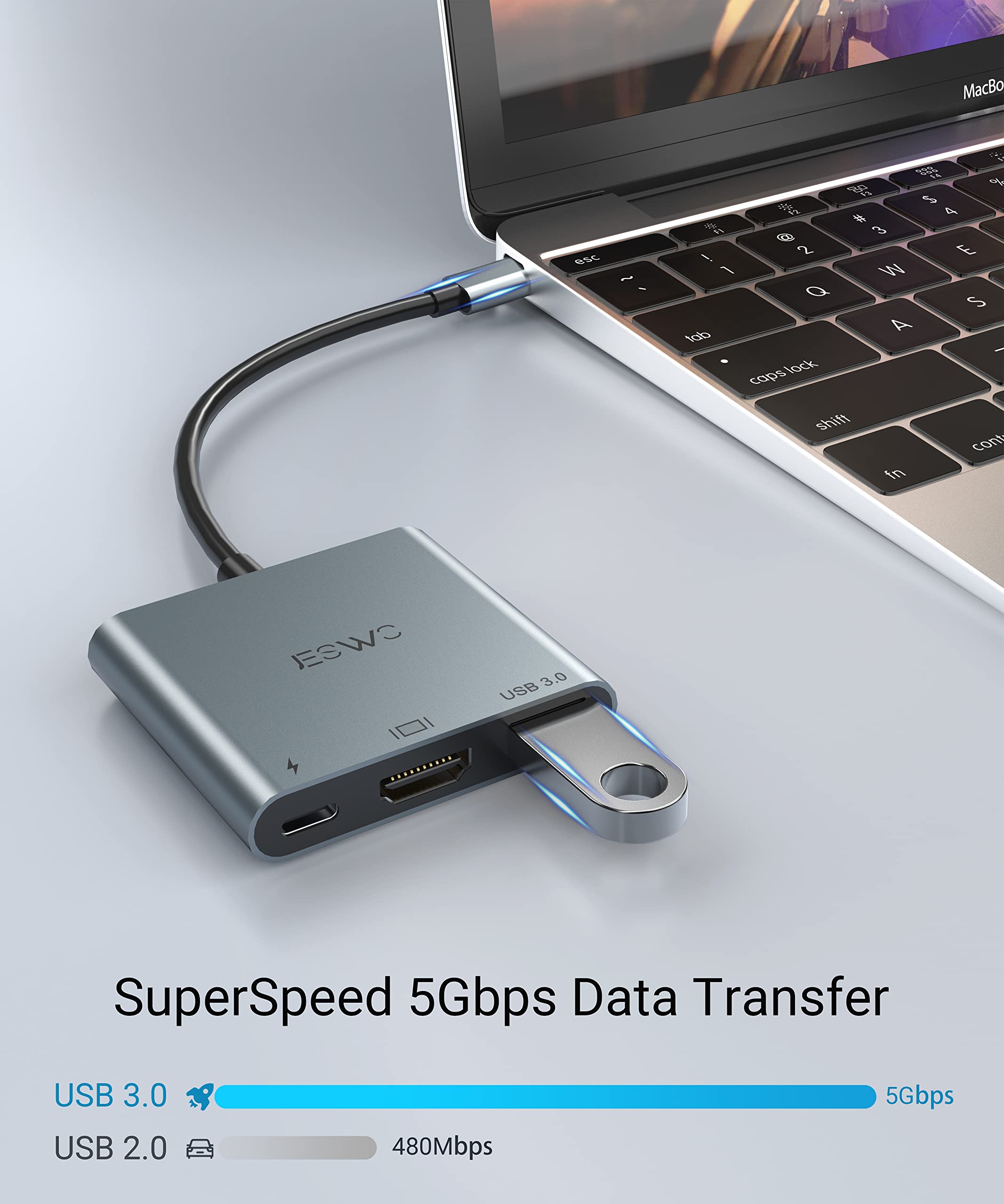 JESWO USB C to HDMI Adapter 4K - 3-in-1 USB C Hub with HDMI, USB 3.0 Port & 100W PD Charging - Compatible with MacBook Pro/Air, iMac, Mini - Perfect for Home Office, Presentations & Multi-Screen Setup