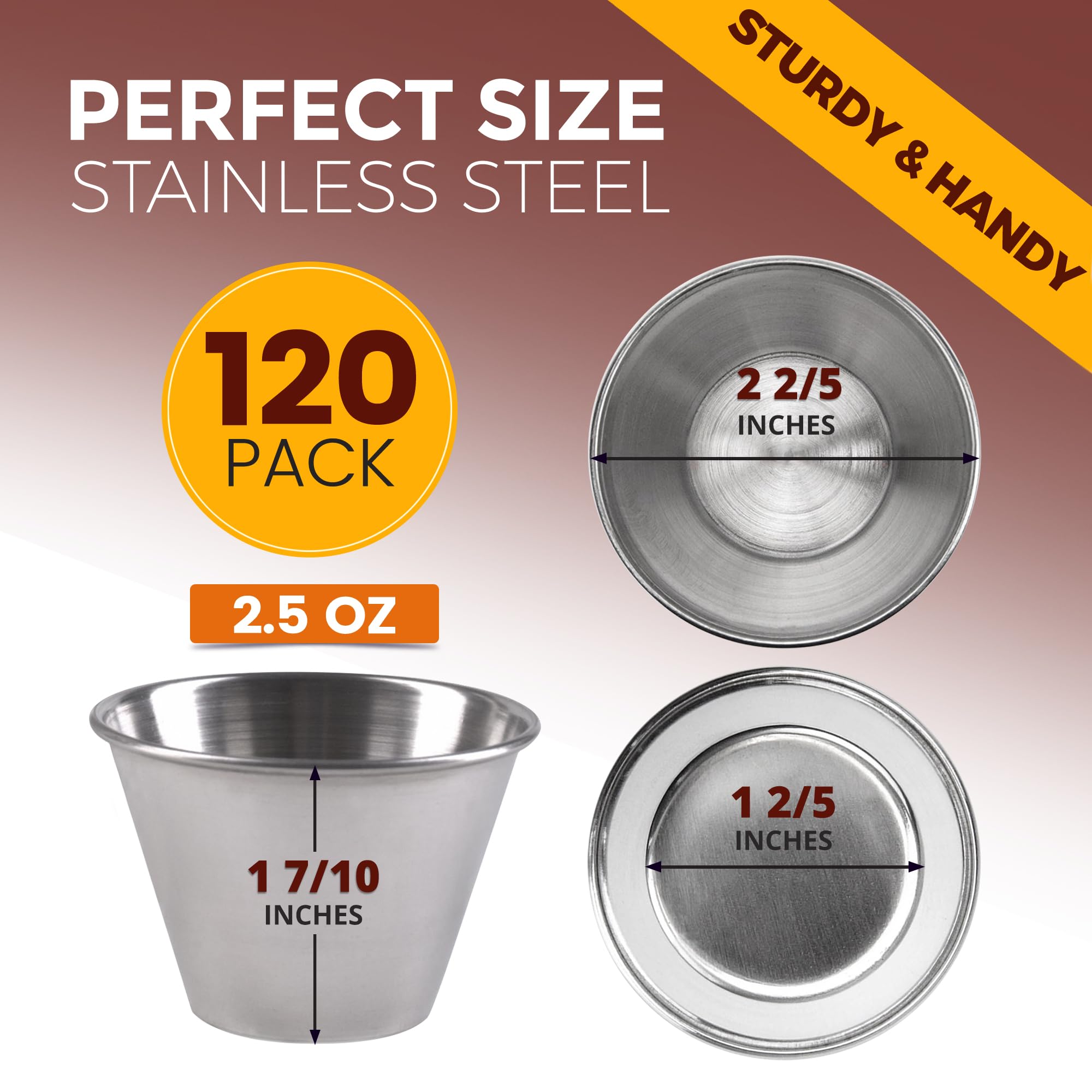 120-Pack 2.5 oz Stainless Steel Dipping Sauce Cups - Reusable Metal Ramekins for Meal Prep, Commercial Condiment Bowls, Individual Portion Cups - Perfect for Home Kitchens, Restaurants & Catering Services
