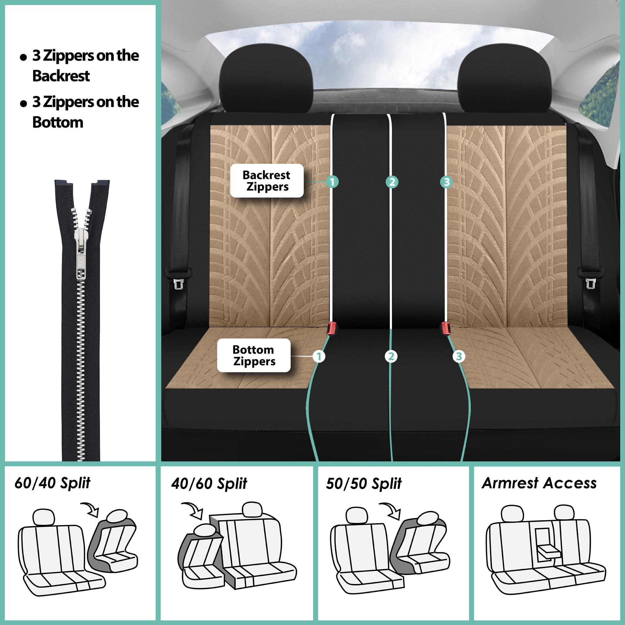 FFH Group 3-Row 7-Seater Beige Car Seat Covers - Universal Fit for Cars, Trucks & SUVs | Airbag Compatible, Split Rear Design | Premium Travel Protection | Perfect for Road Trips, Family Outings & Daily Commutes