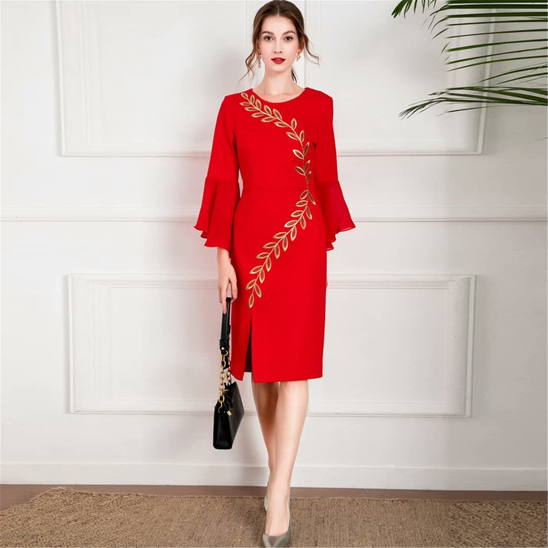 Elegant Office Ladies Dress with Flare Sleeves - Luxury Beaded Embroidery Midi Dress in Black & Red | Perfect for Work, Cocktail Parties & Special Occasions