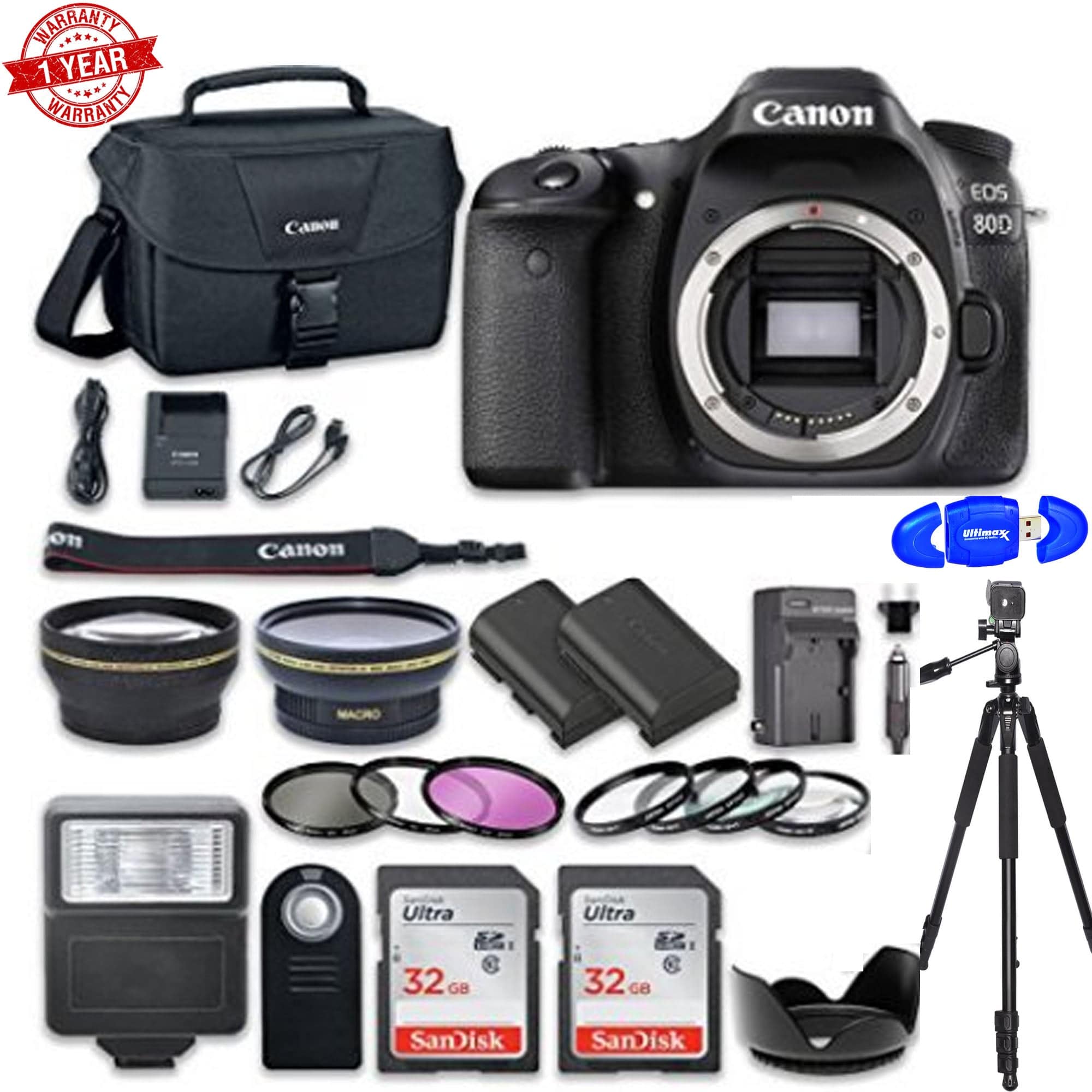 Canon EOS 80D WiFi Full HD 1080p Digital SLR Camera Body Only with 32GB Memory Cards (2-Pack) & Accessory Kit Bundle - Perfect for Photography Enthusiasts, Vlogging & Professional Shooting