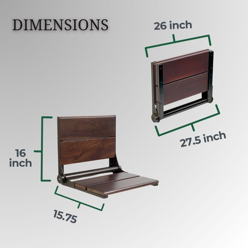Folding Shower Seat with Back - ADA Compliant Wall Mount Bathroom Bench for Seniors & Disabled, 500 lb Weight Capacity, Walnut Finish, 304 Stainless Steel, Oil Rubbed Bronze, 26x16 Inches - Perfect for Elderly Safety, Accessible Bathing & Spa Relaxation