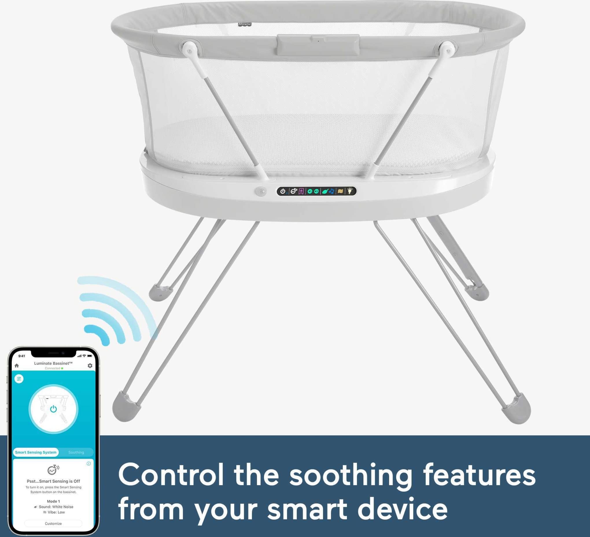 Fisher-Price Luminate Bassinet - Adjustable Bedside Crib with Soothing Music, Night Light, Gentle Vibrations & Sound Detection for Newborns & Infants | Perfect for Nursery, Bedroom Co-Sleeping & Late-Night Feedings