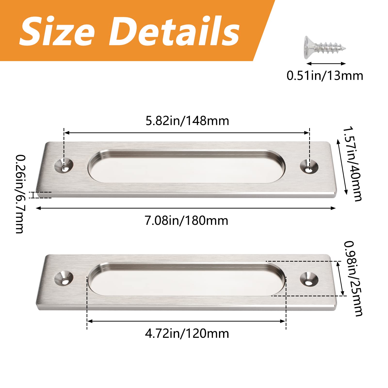 180MM Rectangular Recessed Sliding Door Handles - 2 Pack Brushed Steel Flush Pulls, Aluminum Alloy Closet Door Finger Pulls with Mounting Screws for Sliding Barn Doors, Wardrobes & Cabinet Doors - Modern Minimalist Hardware for Home & Office