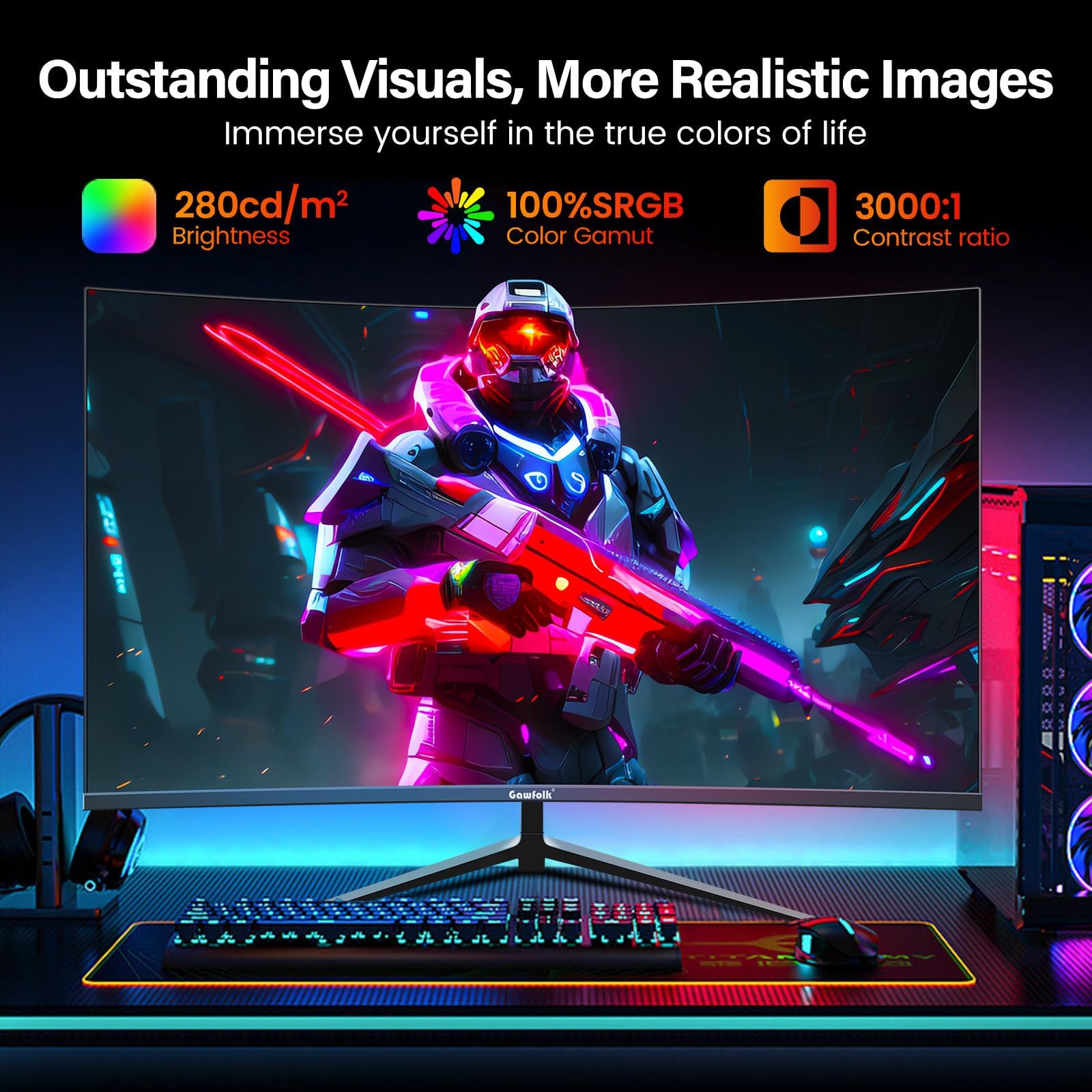 Gawfolk 27 Inch Curved Gaming Monitor - 165Hz/180Hz, Full HD 1080P, 1ms GTG, FreeSync, Low Motion Blur, Eye-Care Technology, VESA Mount, HDMI/DP Ports - Perfect for Esports, PC & Console Gaming (Black)
