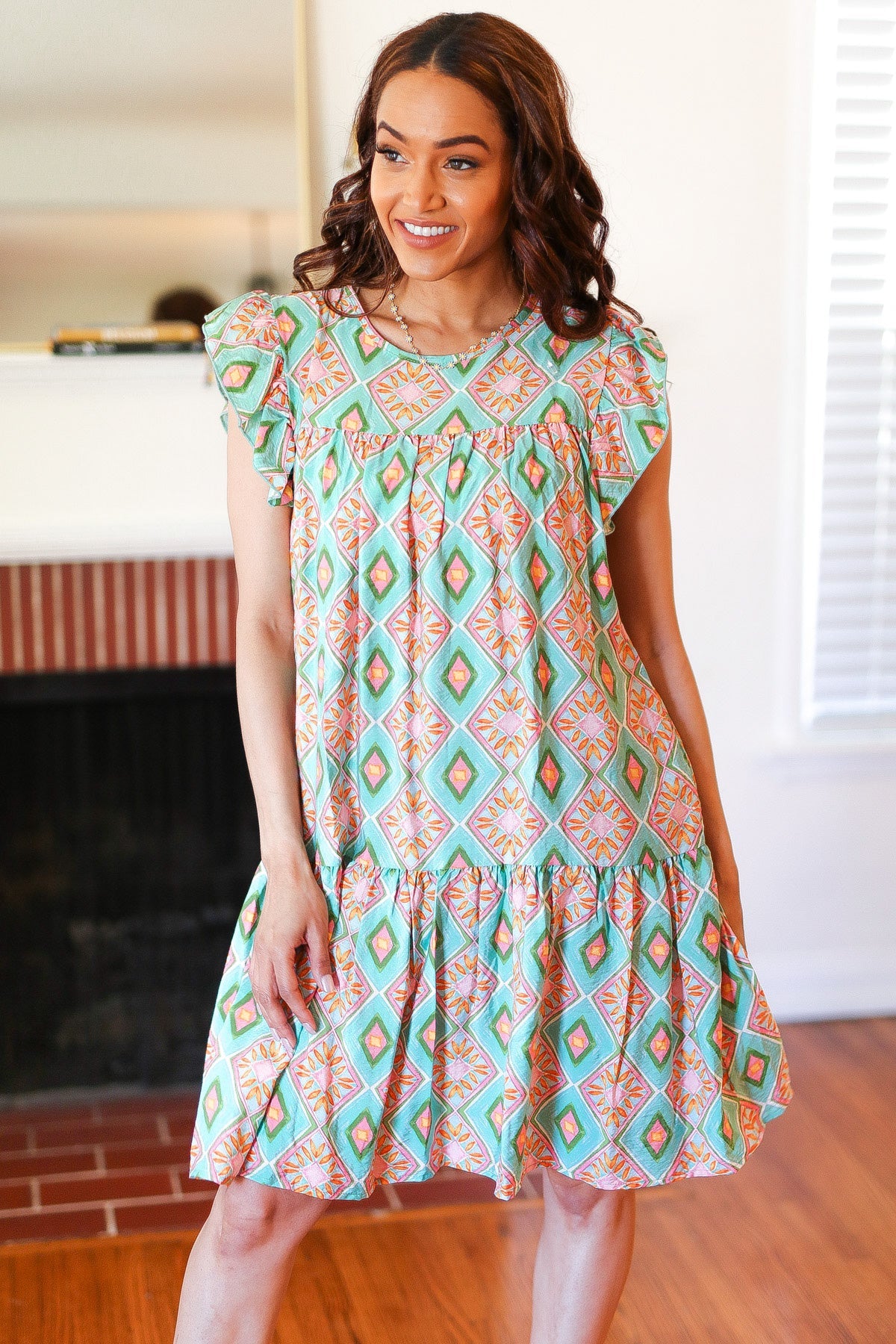 Boho Print Yoke Poplin Woven Dress - Floral Geometric Summer Dress for Women | Perfect for Beach Vacations, Music Festivals & Casual Outings