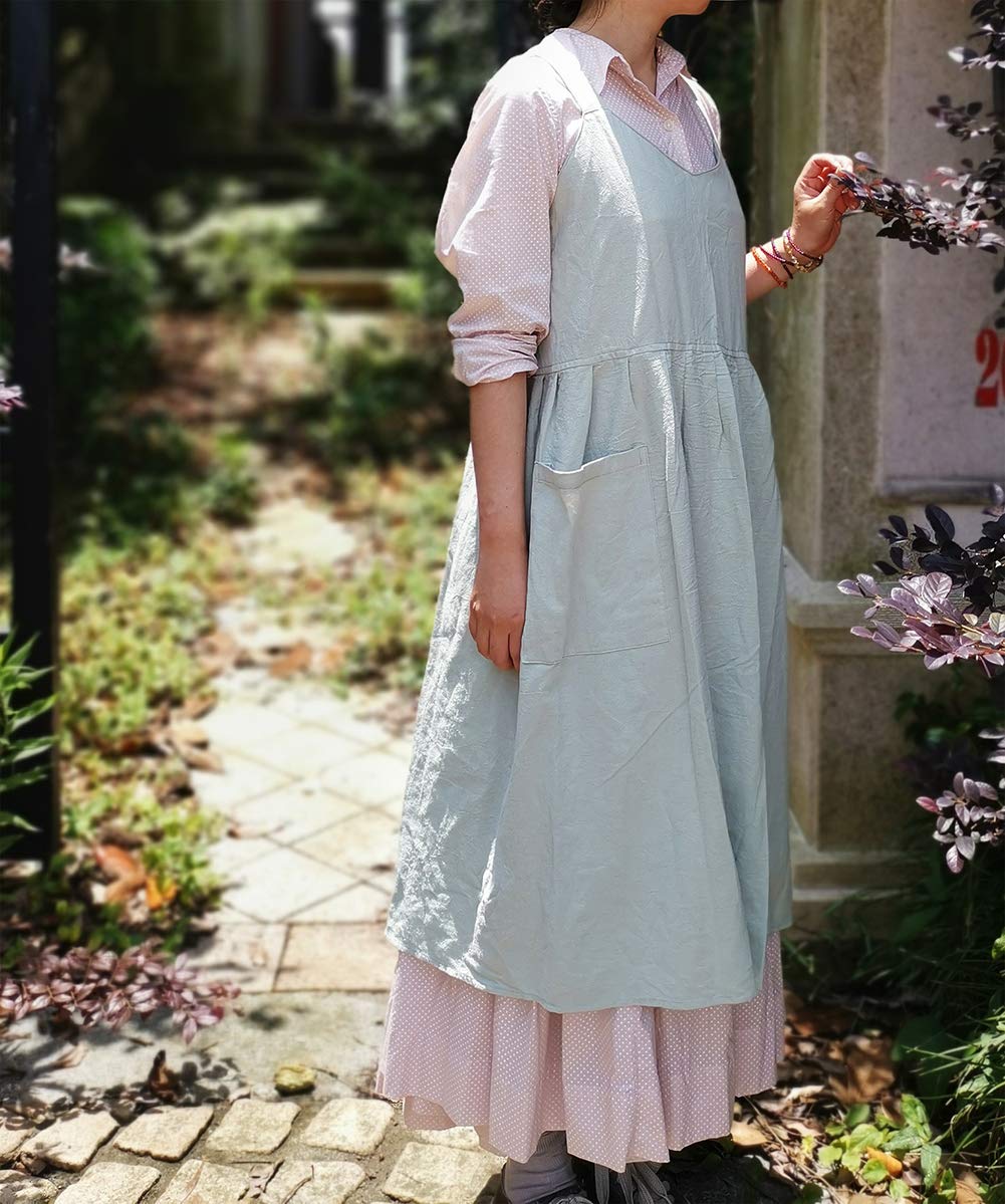 NEWGEM Women's Cotton Linen Criss Cross Back Apron with Pockets - Japanese Korean Style Cute Kitchen Smock Pinafore - Perfect for Cooking, Baking, BBQ & Hosting Parties
