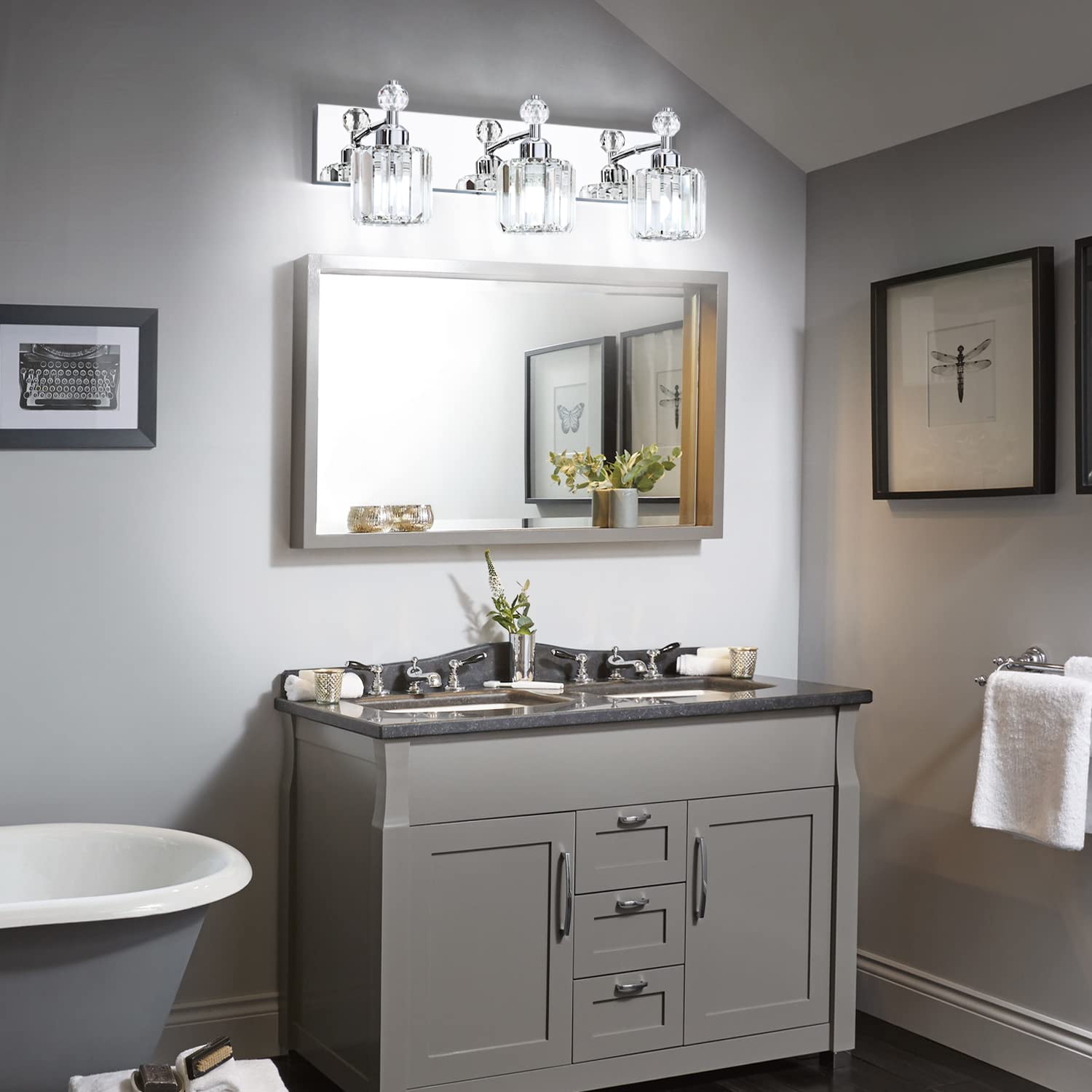 Modern Crystal Bathroom Vanity Light - Chrome 3-Light Fixture for Mirror Wall Mount - Perfect for Bathroom, Powder Room & Dressing Area Lighting