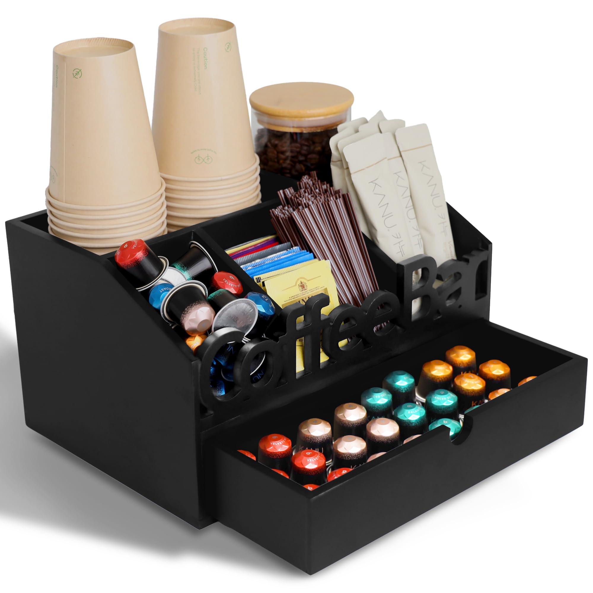Wooden Coffee Bar Organizer with Black Drawer - Countertop Coffee Station for K-Cups, Tea & Accessories - Perfect for Home Kitchen & Office Break Room Organization