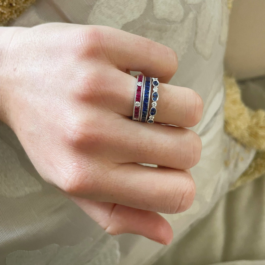 Princess Cut Sapphire Channel Set 14K White Gold Halfway Band Ring for Women - Elegant Wedding, Anniversary, or Engagement Jewelry Gift