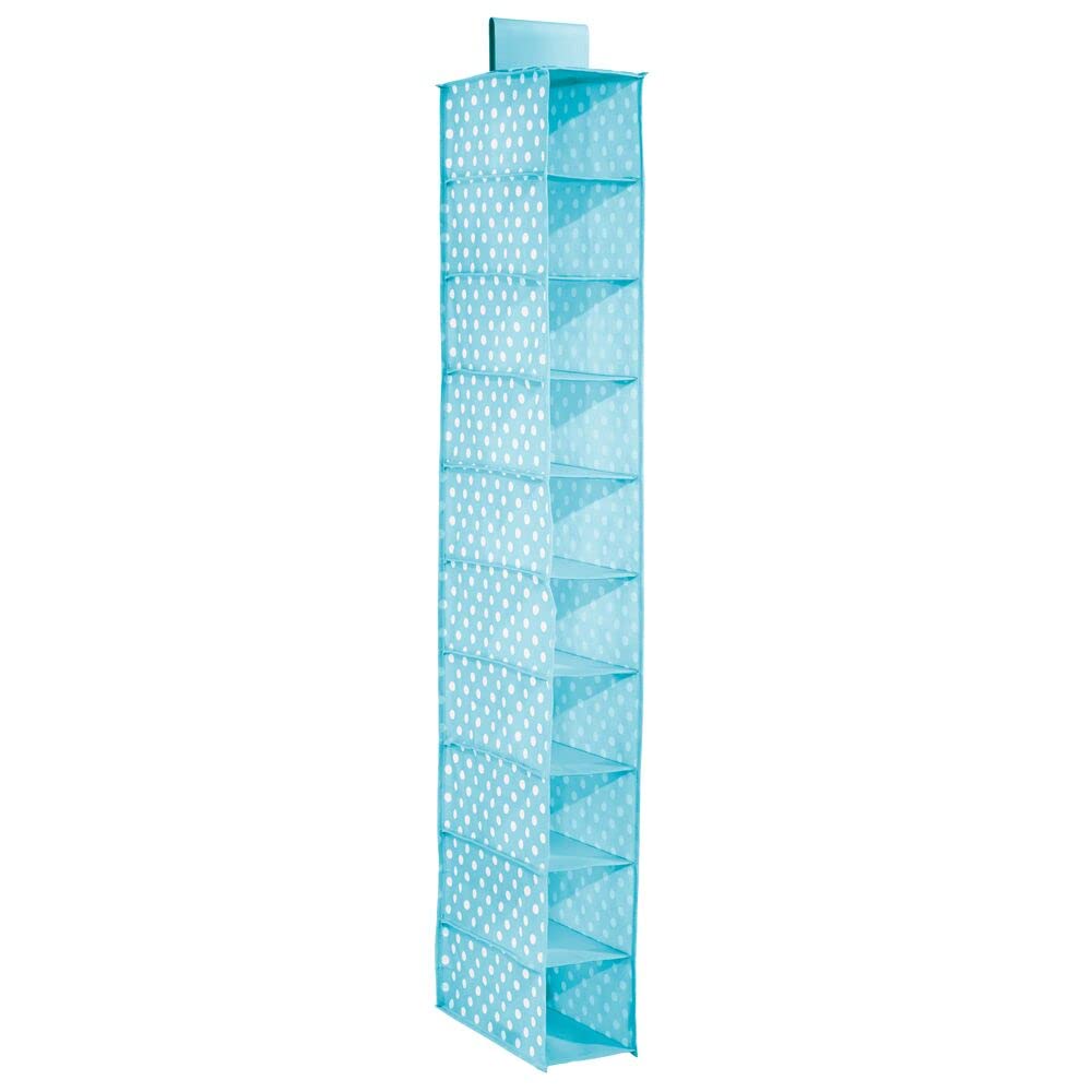 mDesign 10-Shelf Fabric Closet Organizer for Kids Room & Nursery - Soft Hanging Storage with Polka Dot Print, 2-Pack (Turquoise Blue & White Dots) - Perfect for Baby Clothes, Toys & Accessories Organization