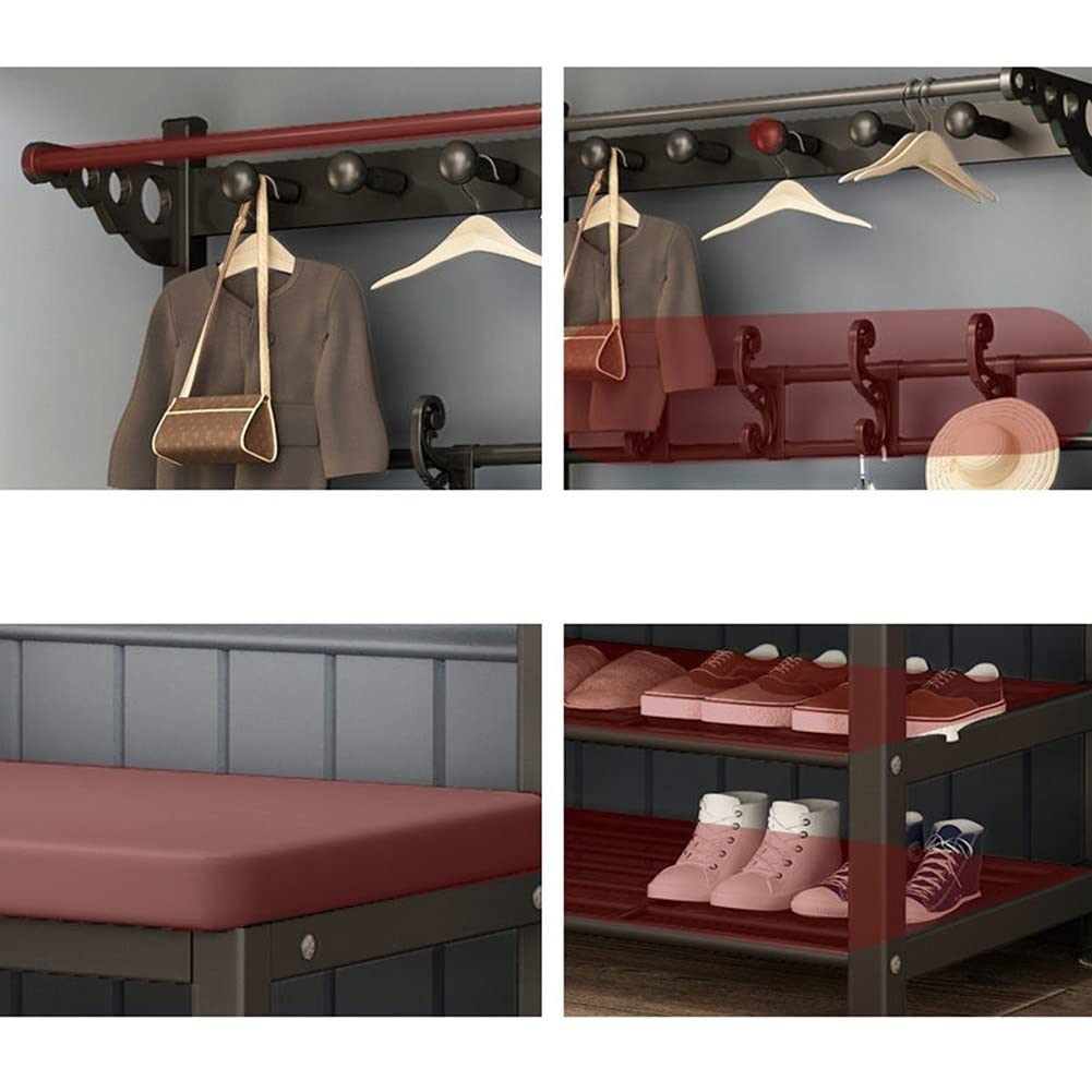 3-in-1 Entryway Coat Rack with Shoe Bench & Seat Cushion - Hall Tree Storage Organizer for Mudroom, Hallway & Foyer - 100x33x172cm Pink Space-Saving Furniture - Perfect for Small Apartments & Home Entry Organization - Easy Assembly with Hooks & Hanging Rod