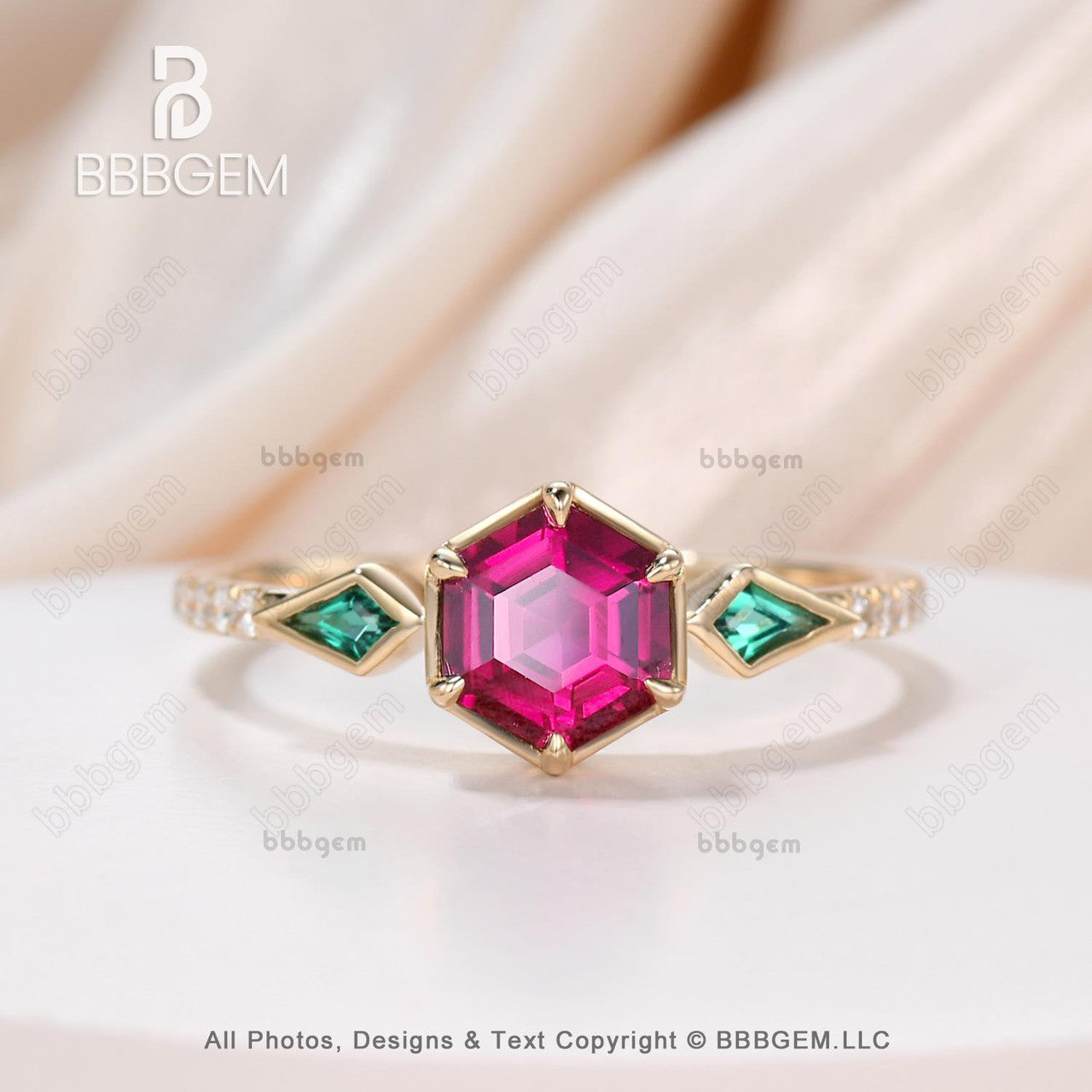 Vintage Hexagon Lab Ruby & Emerald Engagement Ring for Women - Silver 3 Stone Kite Cut Side Stones, Perfect for Weddings, Anniversaries & Special Occasions