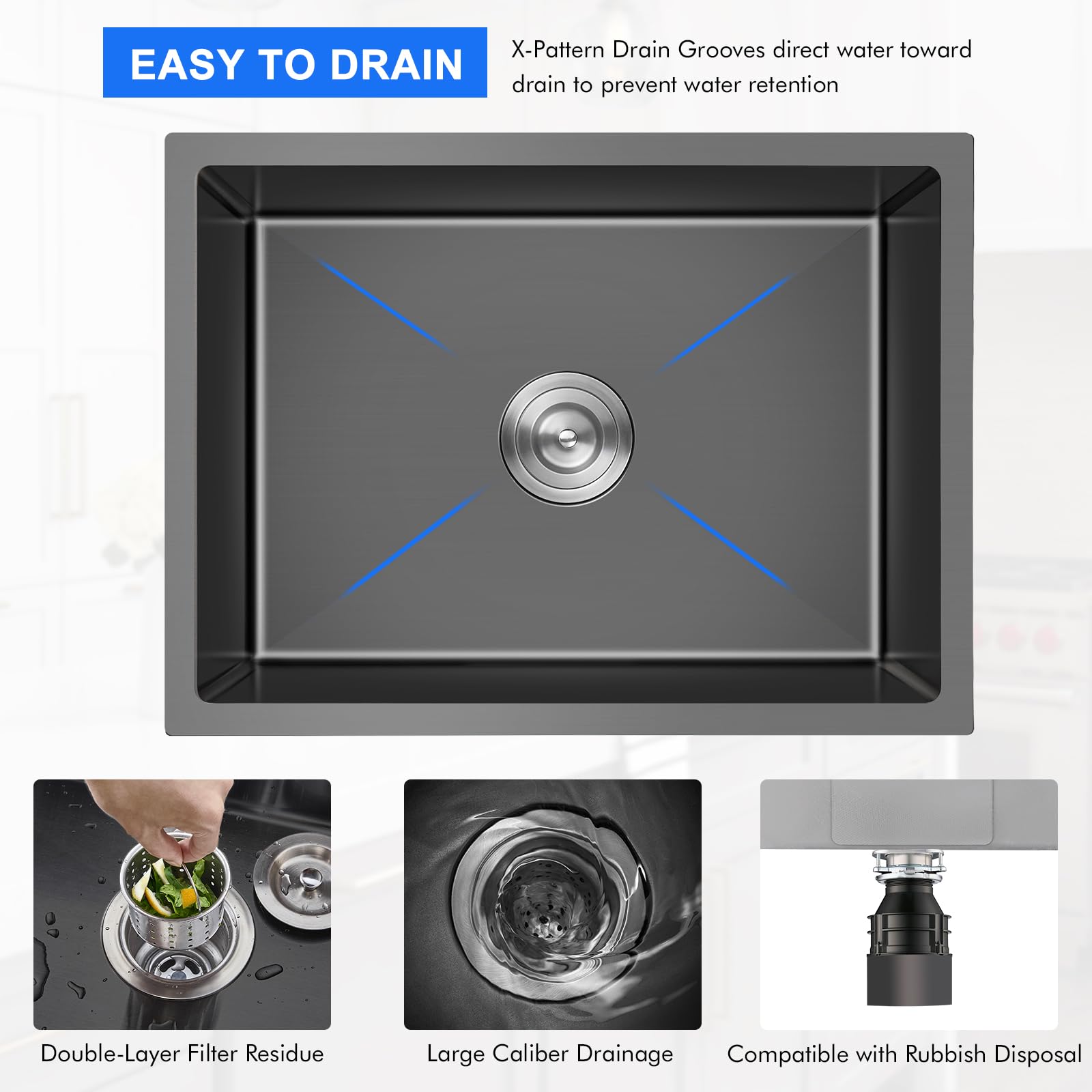 20-Inch Undermount Kitchen Sink Black - 18 Gauge Handmade Stainless Steel Single Bowl Sink (20x16x9 Inch) for Modern Kitchens, Easy Cleaning & Durable