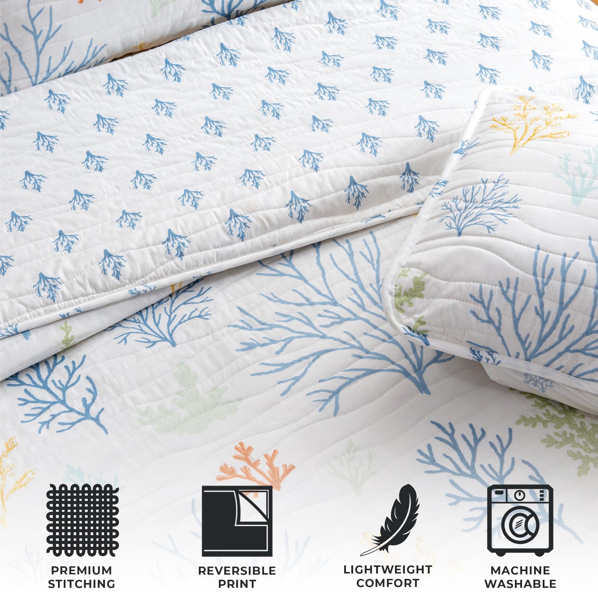 Full/Queen Coastal Quilt Bedding Set - Lightweight Reversible Summer Beach Quilt with Shams | 3-Piece Nautical Bedspread for All Seasons | Maldives Coral Collection | Perfect for Beach House, Guest Room & Coastal-Themed Bedrooms