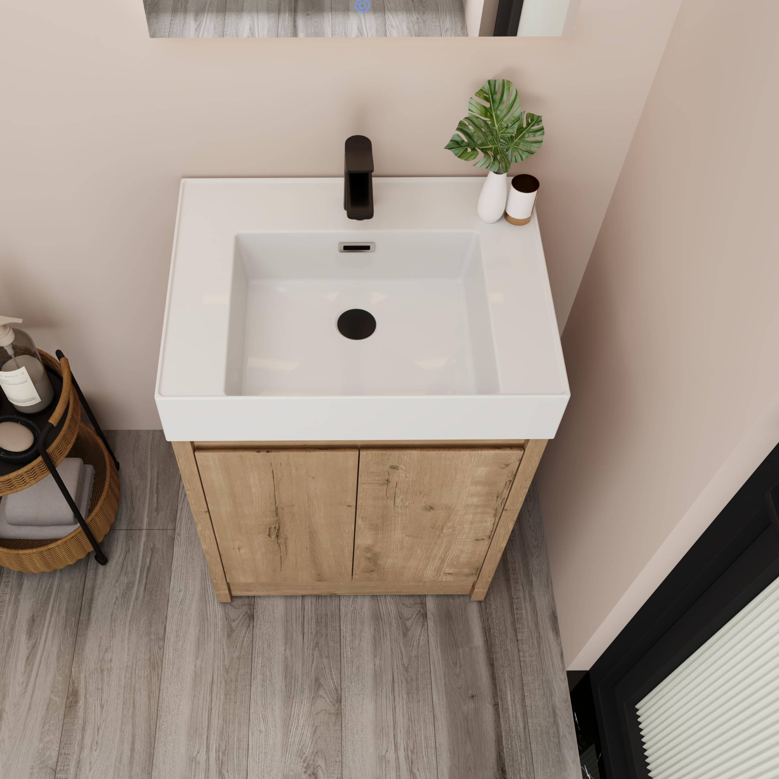 24 Inch Modern Freestanding Bathroom Vanity with Sink Combo, Soft Close Doors & Adjustable Shelf - Floor-Mounted Storage Cabinet with Top Basin in Brown | Perfect for Small Bathrooms, Powder Rooms & Home Renovations