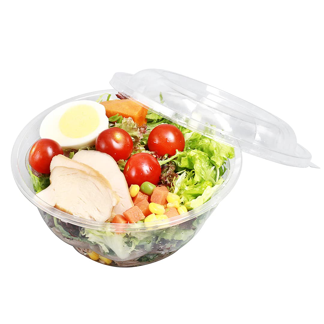 Thermo Tek 32oz Disposable Salad Bowls - 500 Pack Clear Round Plastic Deli Containers | Crack & Leak Proof | Eco-Friendly Food Storage | Perfect for Salads, Cold Meals, Picnics & Catering Events (Lids Sold Separately)
