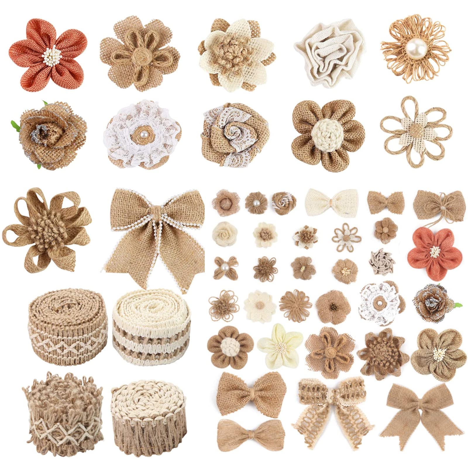 16-Piece Burlap Flowers & Jute Lace Set - Rustic Wedding & Gift Wrapping Decor