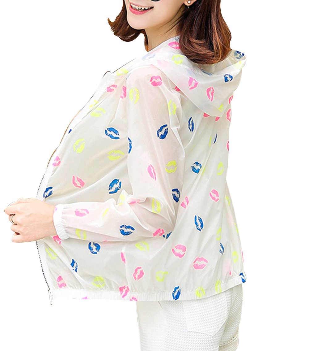 Trendy XU Women's Colored Lips Pattern Hooded Sunscreen Jacket - Lightweight Summer Outdoor Skin Protection Coat for Beach, Park, and Travel