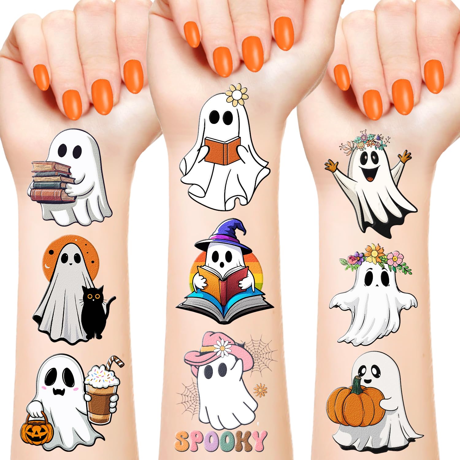 144 PCS Halloween Ghost Temporary Tattoos Stickers - Spooky Party Favors for Kids, Teens & Adults - 24 Sheets - Perfect for Halloween Parties, Costume Accessories & Trick-or-Treat Fun