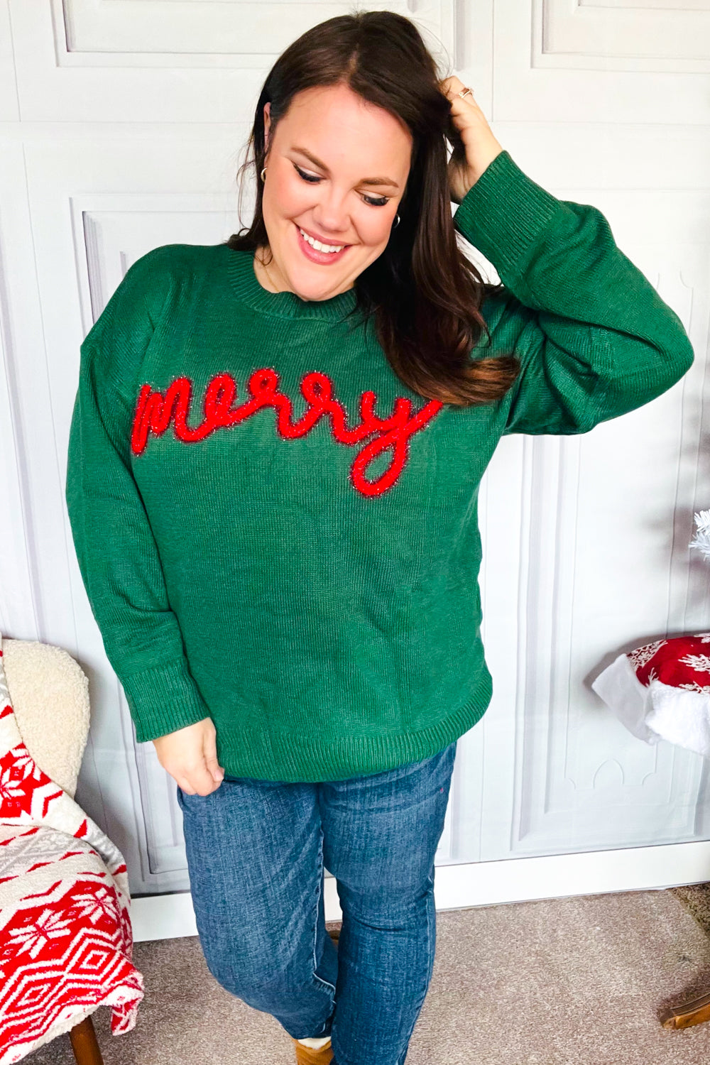 Be Merry Hunter Green Pop Up Lurex Sweater - Festive Holiday Knitwear for Women | Perfect for Christmas Parties & Winter Gatherings