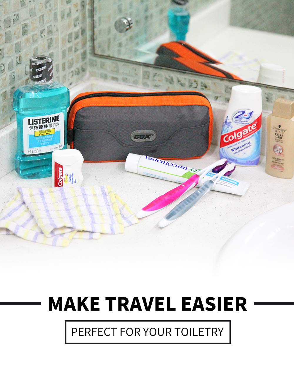 GOX Travel Toiletry Bag for Men - Waterproof Dopp Kit & Multifunctional Packing Organizer Pouch (Orange/Grey) - Perfect for Business Trips, Gym, Camping & Travel Accessories