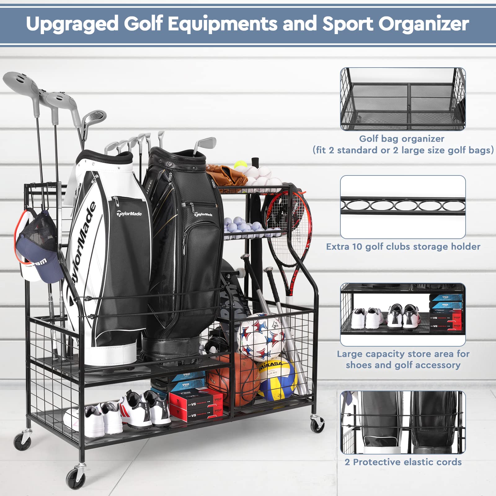 Golf Bag Storage Rack & Sports Equipment Organizer - Heavy-Duty Golf Club Stand with Wheels for Garage, Gym, Shed | Perfect for Golf Ball Storage & Sports Gear Organization