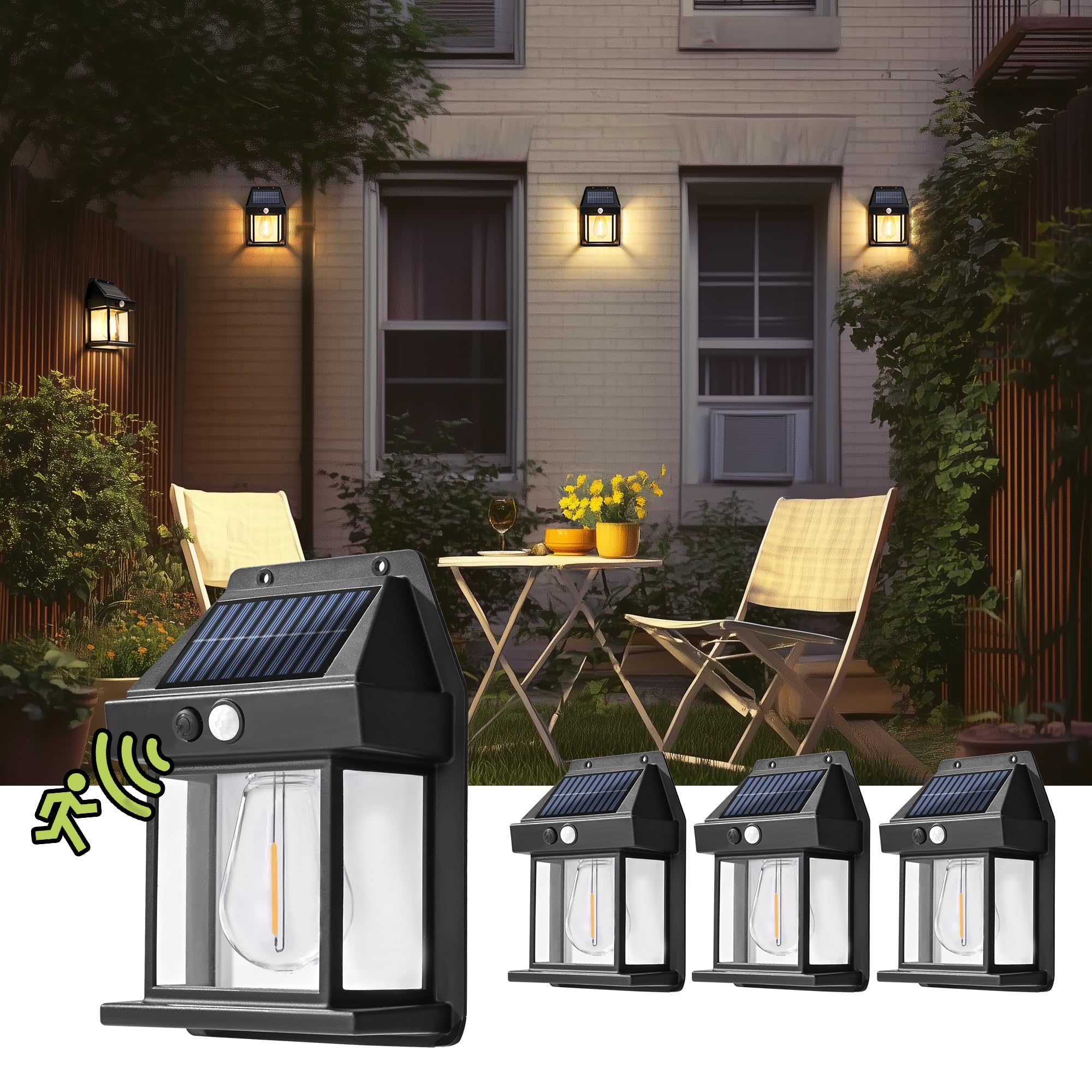 4 Pack Solar Motion Sensor Wall Lights - Waterproof LED Outdoor Lights with 3 Lighting Modes for Deck, Fence, Garage, Barn, Patio & Yard - Perfect for Home Security and Nighttime Illumination