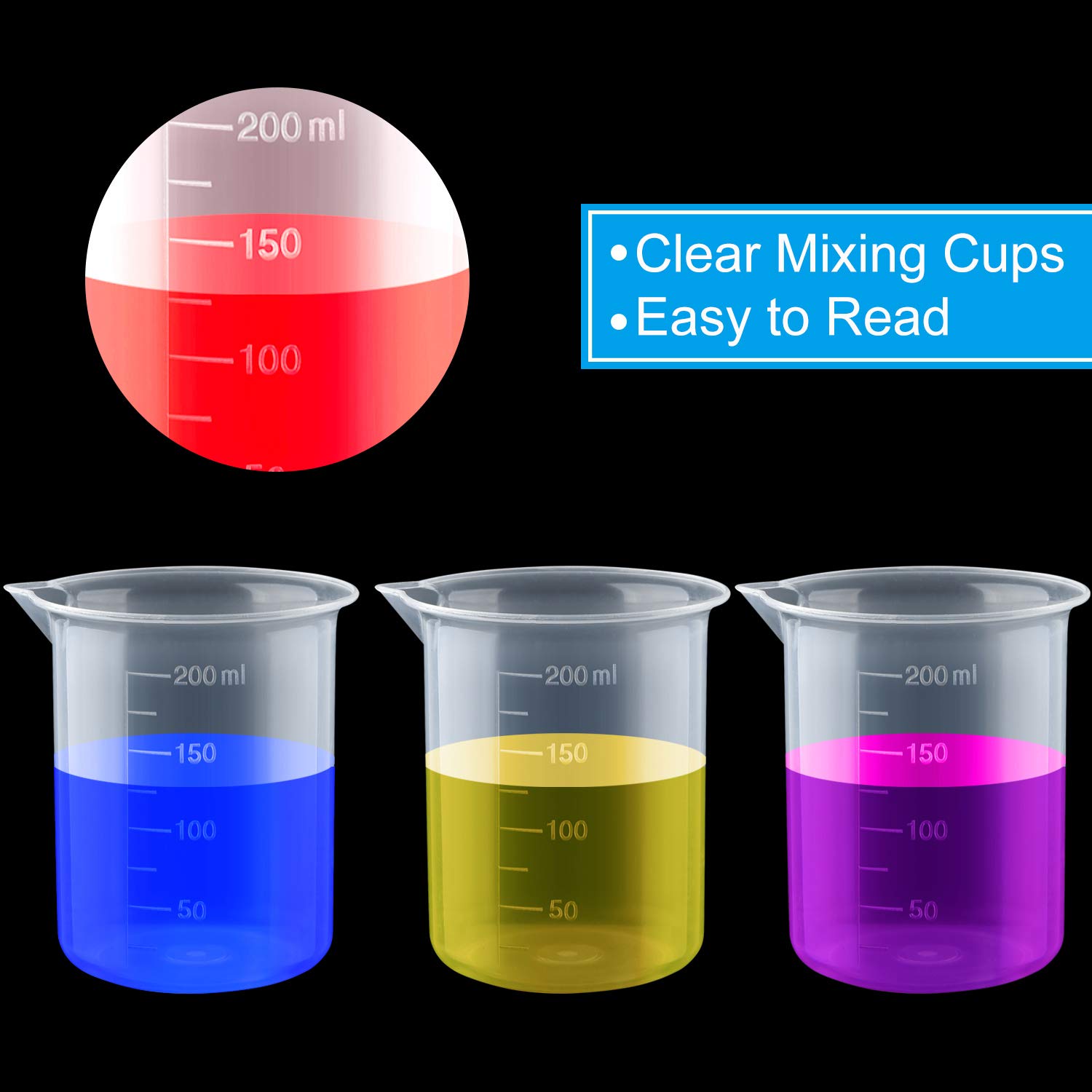 Coopay 12 Pack 200ml/6.8oz Clear Plastic Beakers - Epoxy Resin Mixing Cups with Measurement Marks & 50 Wooden Stir Sticks - Perfect for DIY Resin Art, Paint Mixing, Stain Projects & Science Experiments