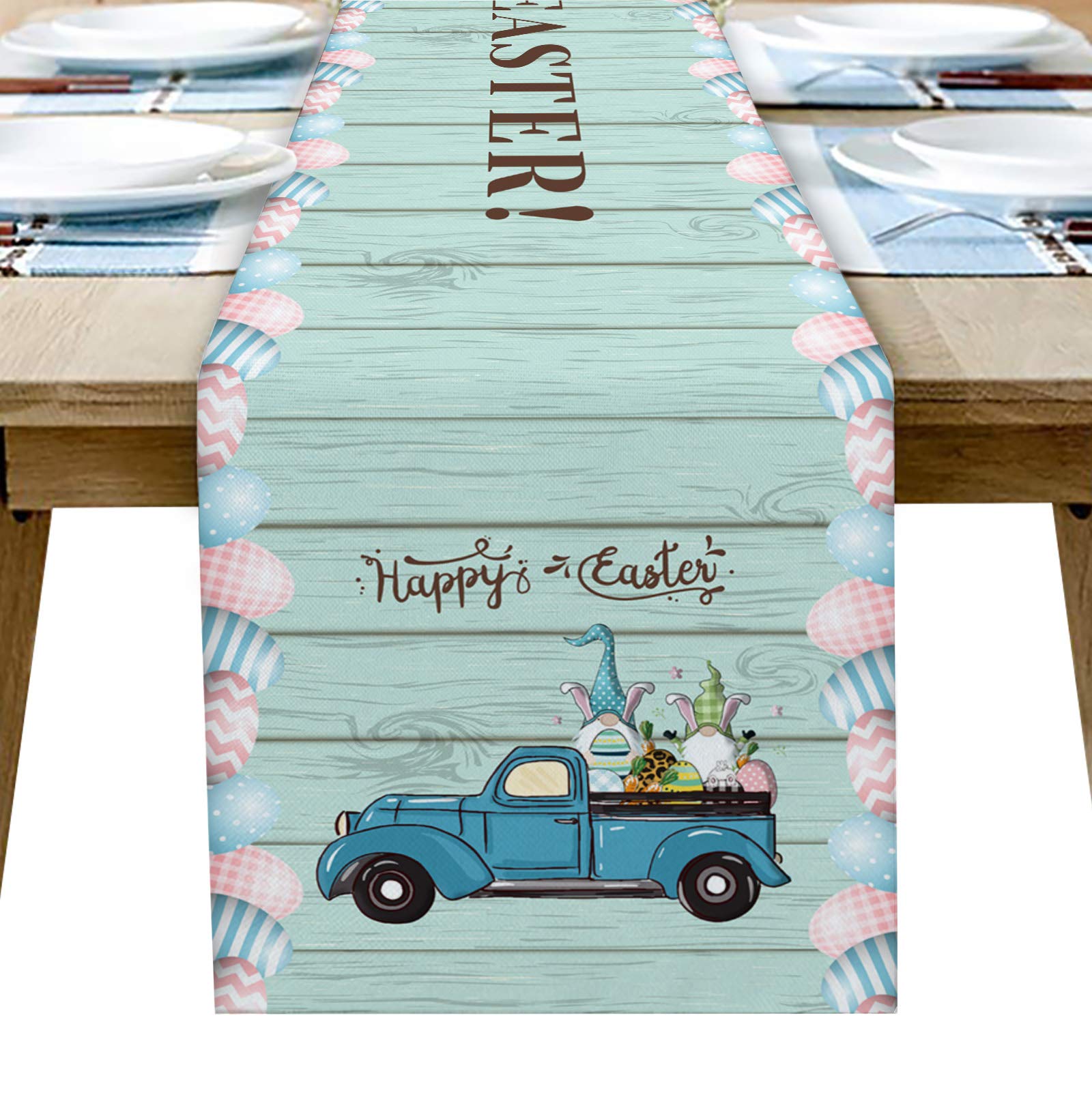 Easter Linen Burlap Table Runner 14x72 Inches - Farmhouse Kitchen Table Decor with Cute Gnome & Easter Eggs Design - Perfect for Dining Table, Dresser, Cabinet, Buffet & Holiday Party Decorations