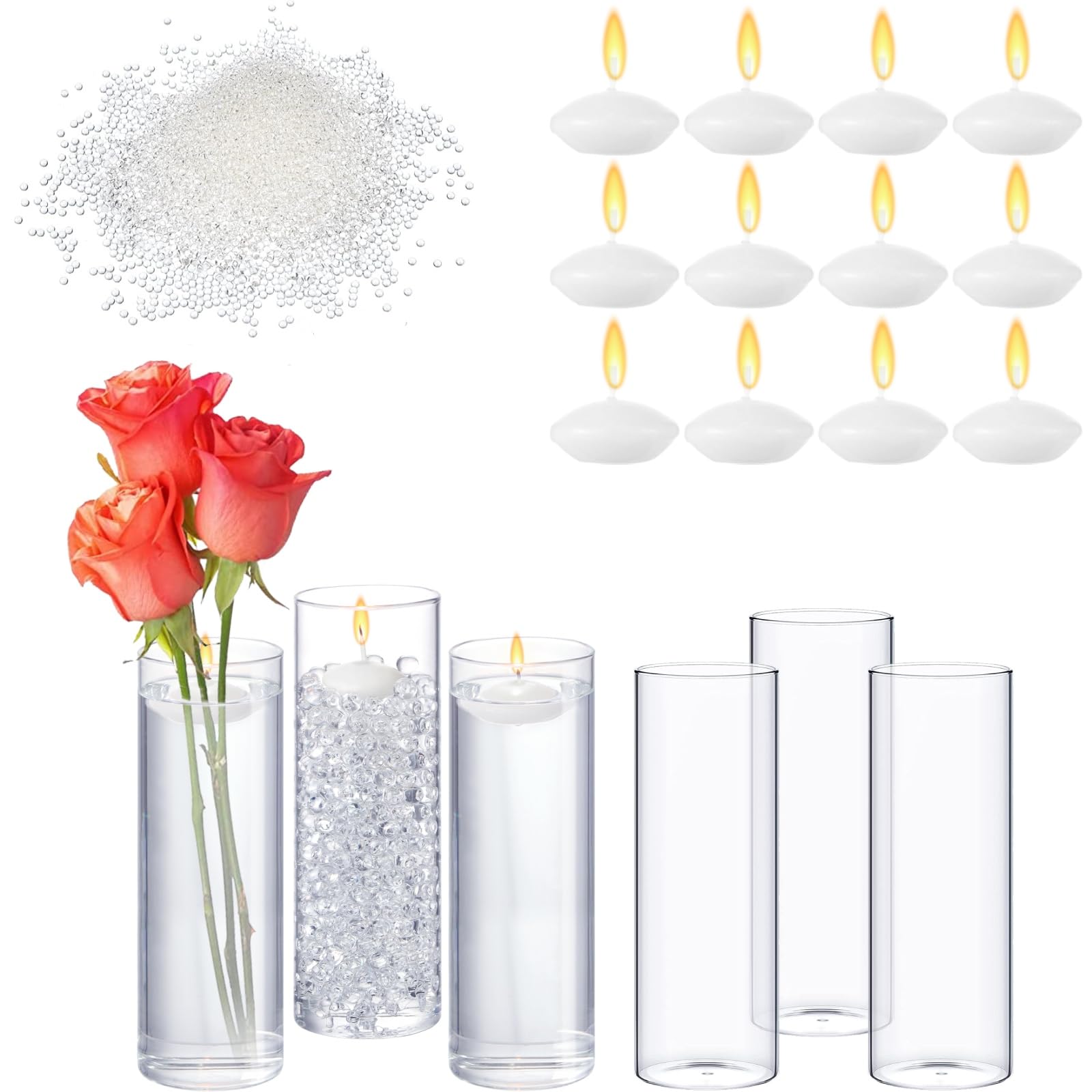 6 Pack 6 Inch Tall Clear Glass Cylinder Vases with 12 White Floating Candles - Wedding Centerpieces, Home Decor, Table Decorations for Dining Room, Party & Special Events