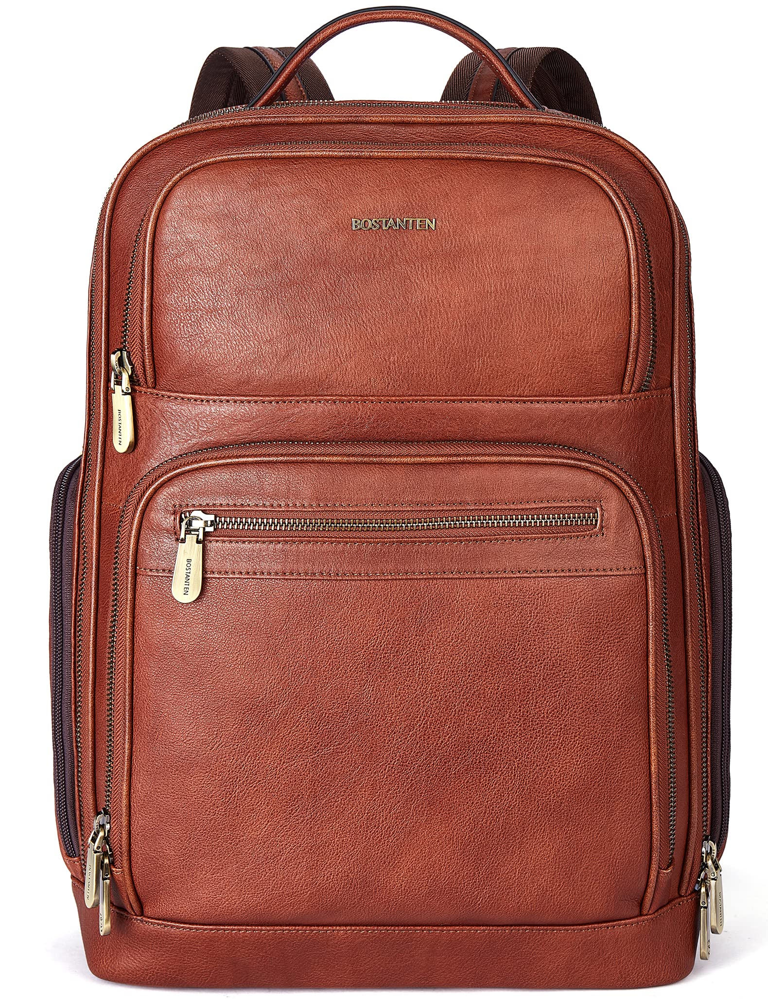 BOSTANTEN Genuine Leather Backpack for Men - 15.6 Inch Laptop Backpack with USB Charging Port, College Travel Business Backpack - Coffee Brown - Perfect for Work, School & Daily Commute