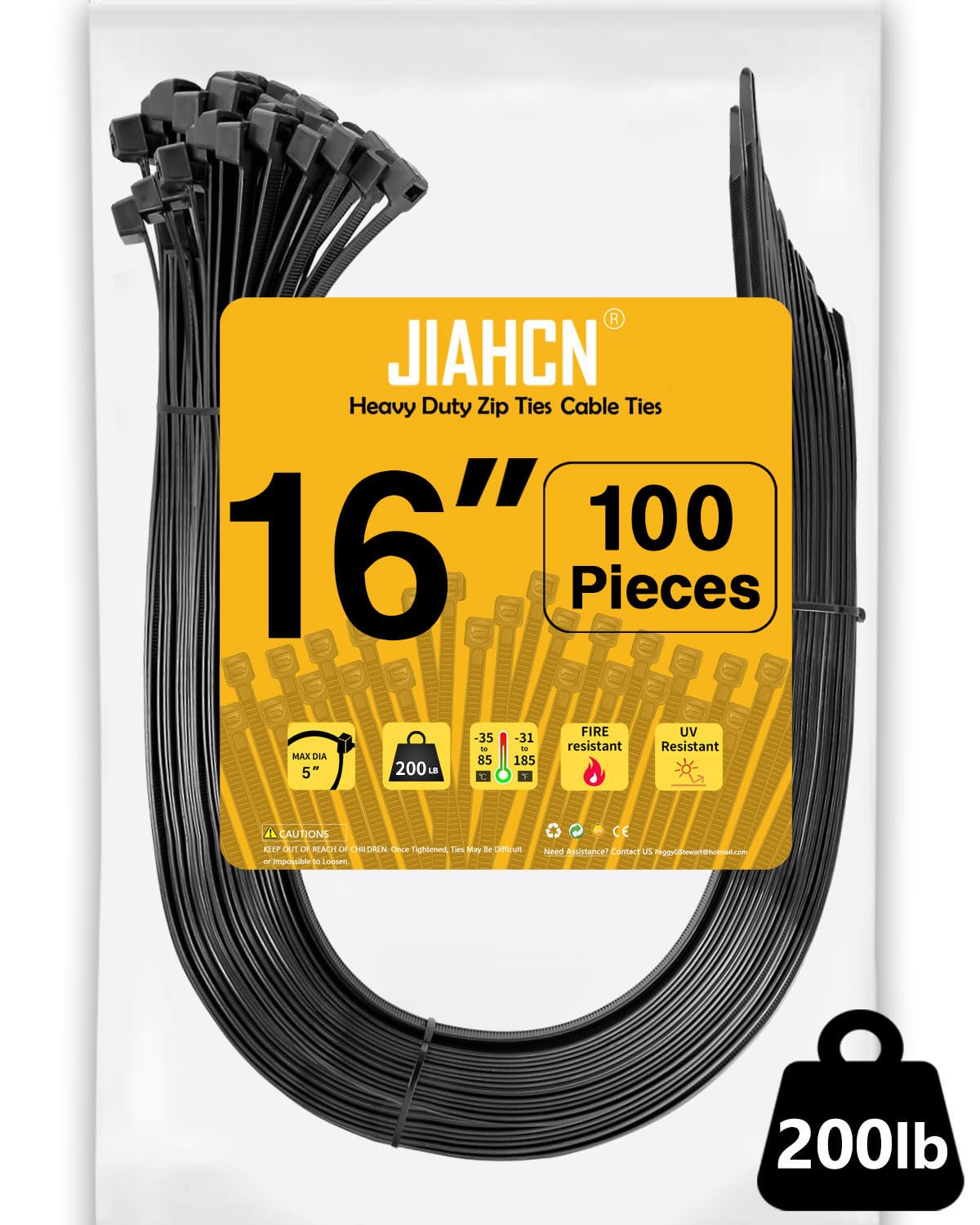 16 Inch Heavy Duty Black Cable Ties (100 Pack) - 200lb Strength, UV Resistant, Industrial Grade Zip Ties for Signs, Wires, Bundling & Outdoor Use