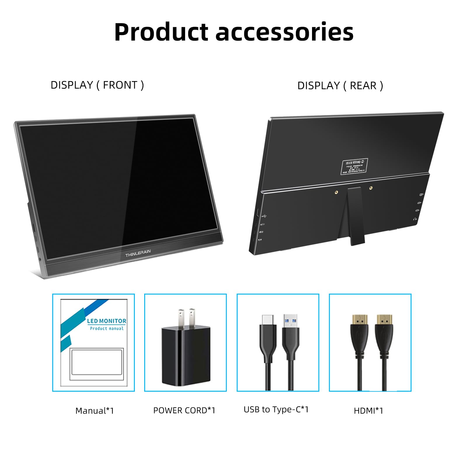 Thinlerain 15.6 Inch Portable Touch Screen Monitor - Full HD 1920x1080 IPS Display, USB-C & HDMI Connectivity for Laptop, PC, Smartphone - Travel Monitor for Windows 7/8/10 - Perfect for Business Travel, Home Office & Gaming Setup