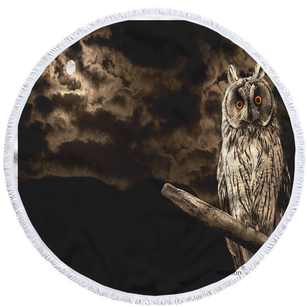 Oversized Microfiber Beach Towel with Moon & Owl Design - 63 Inch Large Soft Polyester Towel for Pool, Picnic, Yoga, and Outdoor Activities - Horror-Themed Dark Cloudy Midnight Owl Sitting on Branch