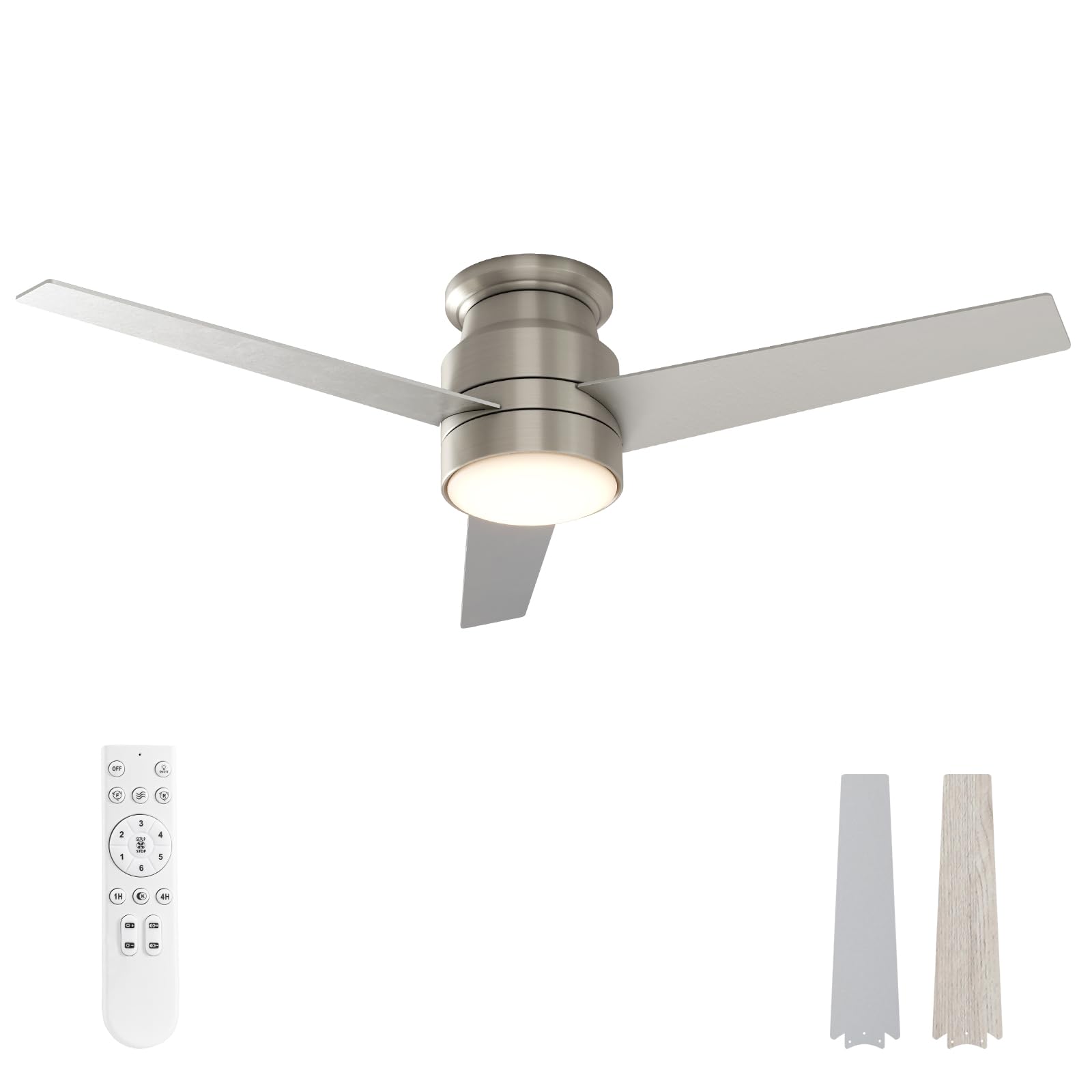 Warmiplanet 52-Inch Flush Mount Ceiling Fan with Light - Remote Control, 3 CCT Dimmable LED, 6-Speed Reversible Quiet DC Motor, Timer Function, Brushed Nickel Finish, 3 Blades - Perfect for Bedroom, Living Room and Office Spaces