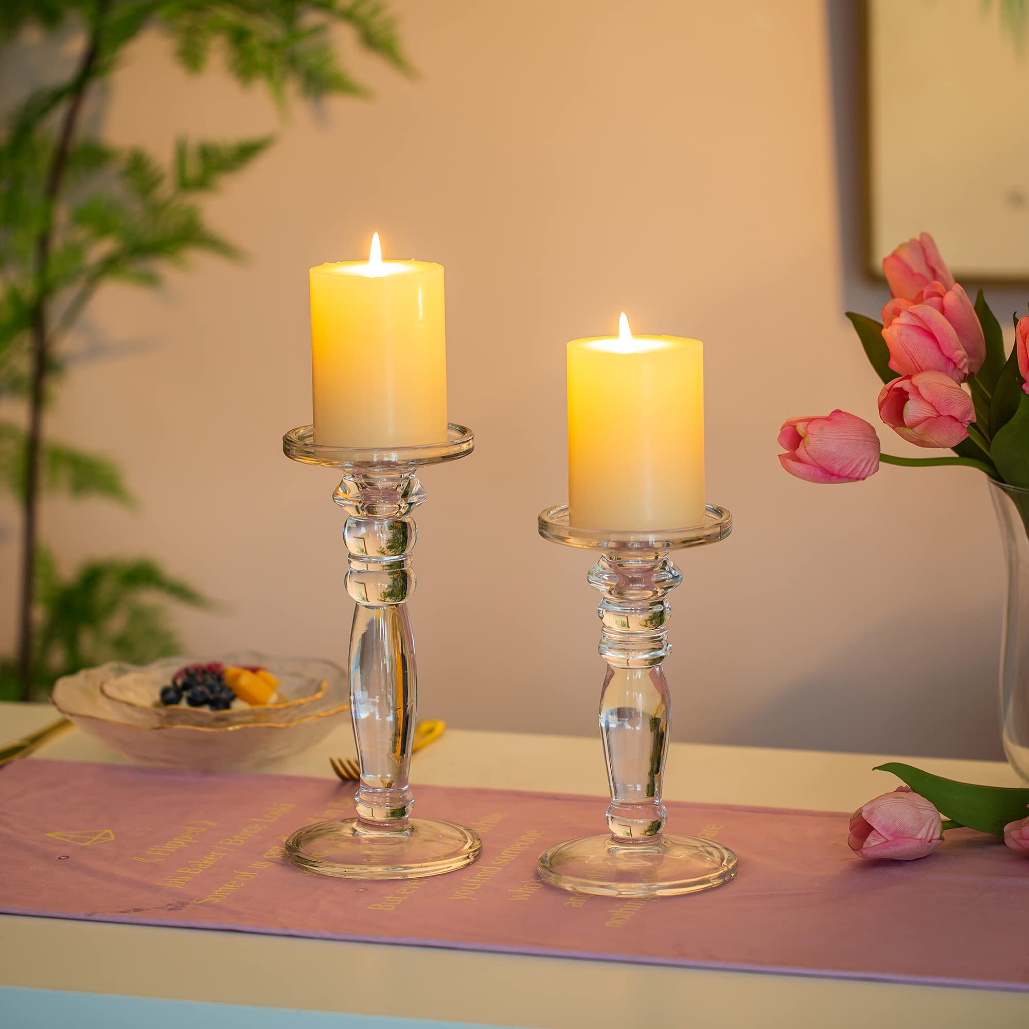 NUPTIO 2-Pack Glass Candlestick Holders - Elegant Crystal Taper Candle Holders for Wedding Centerpieces, Dining Table Decor, Living Room & Holiday (Christmas/Halloween) - Perfect for Romantic Dinners, Party Decorations & Seasonal Home Decor